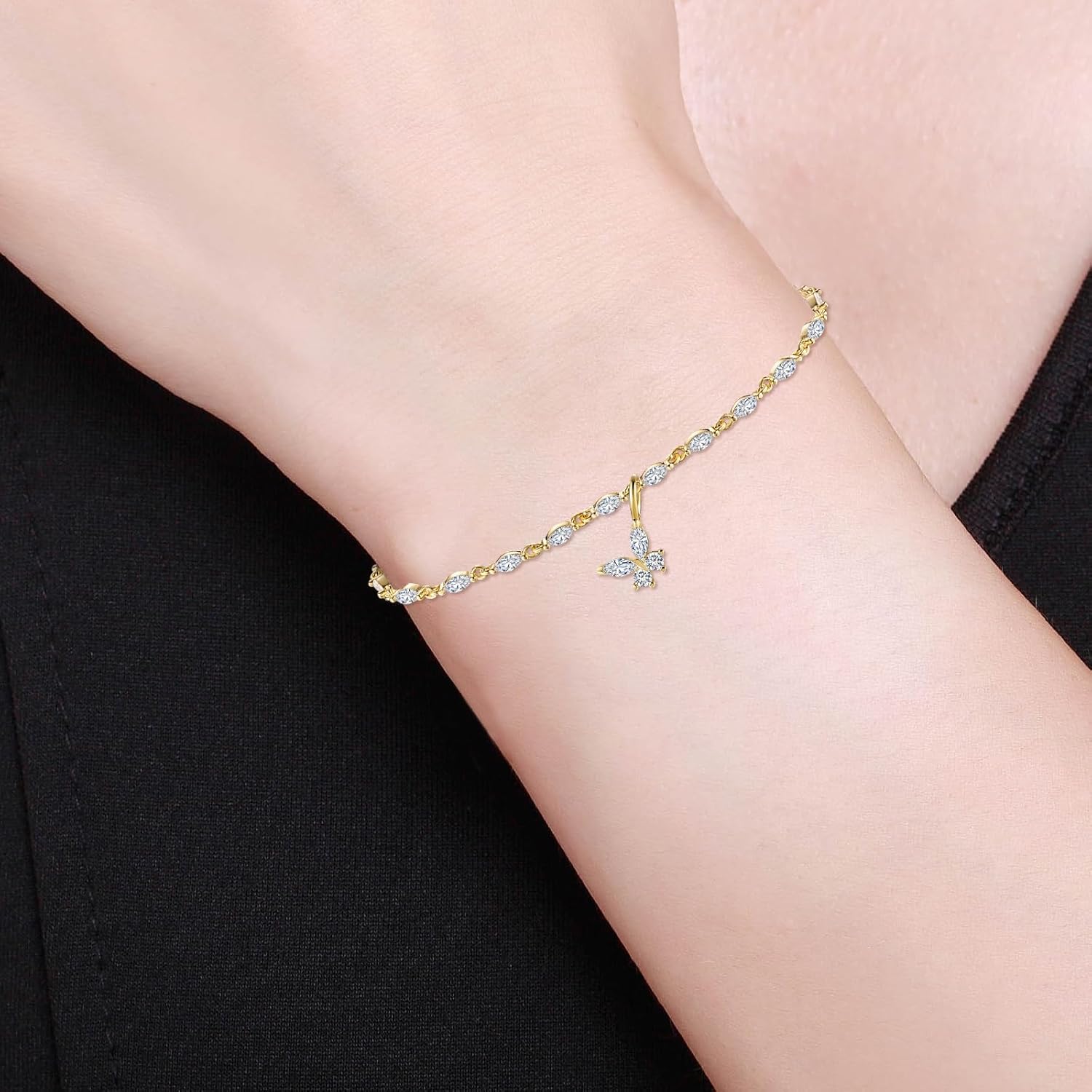 14K Gold Plated Tennis Cross Bracelet, Simple Butterfly Bracelet,Evil Eyes Adjustable Bracelet, CZ Station Paperclip Link Chain Bracelet for Women - Image 2