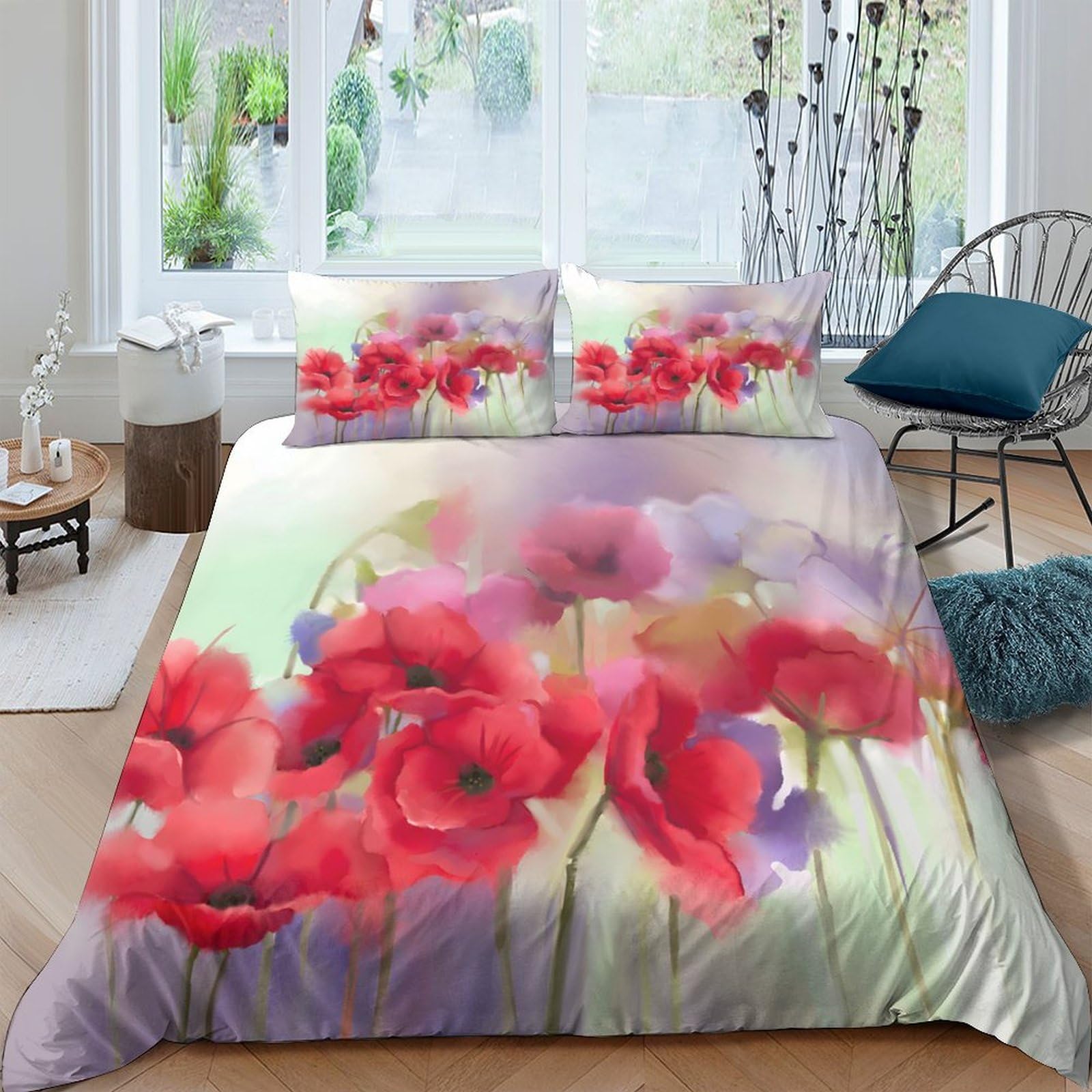 Ctjqhvkz Style-6 3D Printed Red Poppy Fitted Sheet Microfiber Soft Floral Watercolor Bed Cover For Bedroom Dorm Easy Care Decor Single（135X200cm）