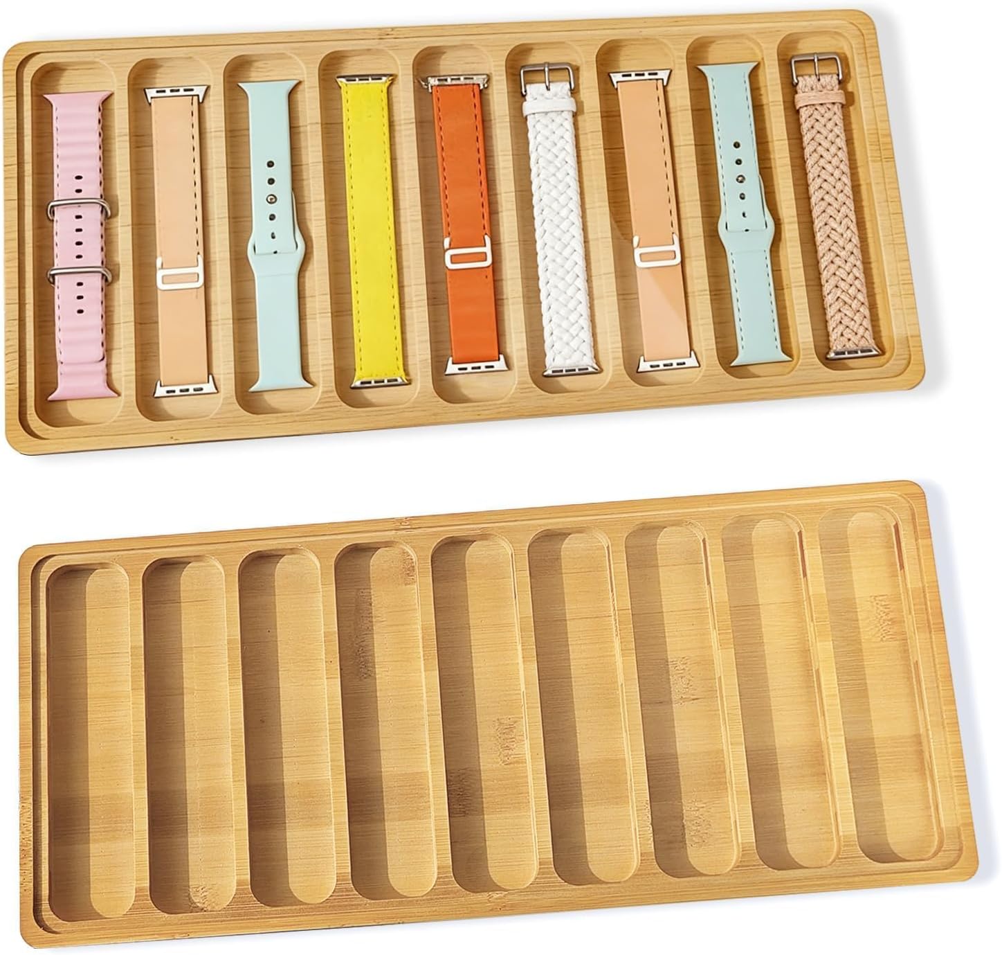 Wooden Watch Band Organizer Watch Holder for Men, 2 Pcs Works with All Apple Watch Band Holder Wood Design - 9 Slot Storage Box DIY Crafting Drawer Organizer (7.48 x 6.77 x 0.67 Inches)
