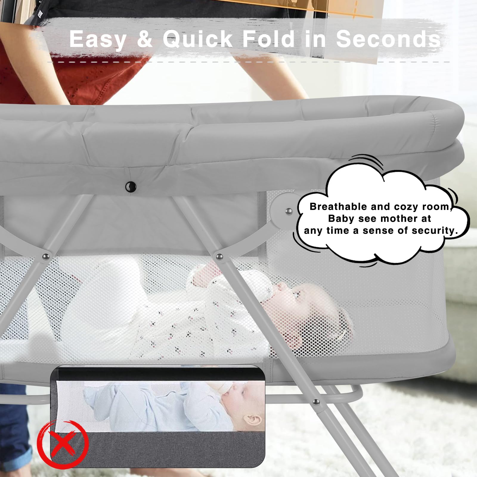 UBRAVOO Babybett, 2-in-1-Babybetten und Babywiegen, Einfach Zusammenklappbares Reisebett mit Matratze Inklusive, Multifunktionales Stubenwagen Baby für Neugeborene-Grau
