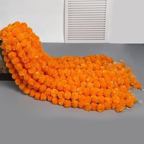 Miniatura 5 de Guirnalda de caléndula para decoración, 20 hebras de 5 pies de largo, flores artificiales de caléndula naranja, fiestas de boda, decoración india