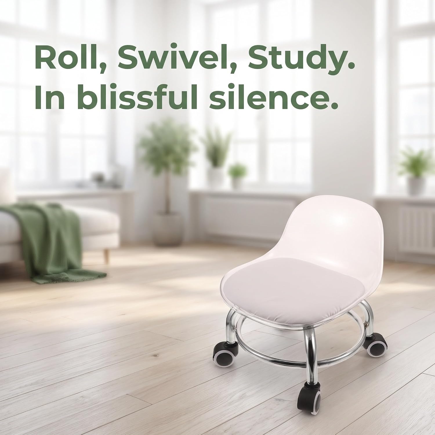 Housoutil Rolling Stool with Backrest, Swivel Seat, Silent Wheels