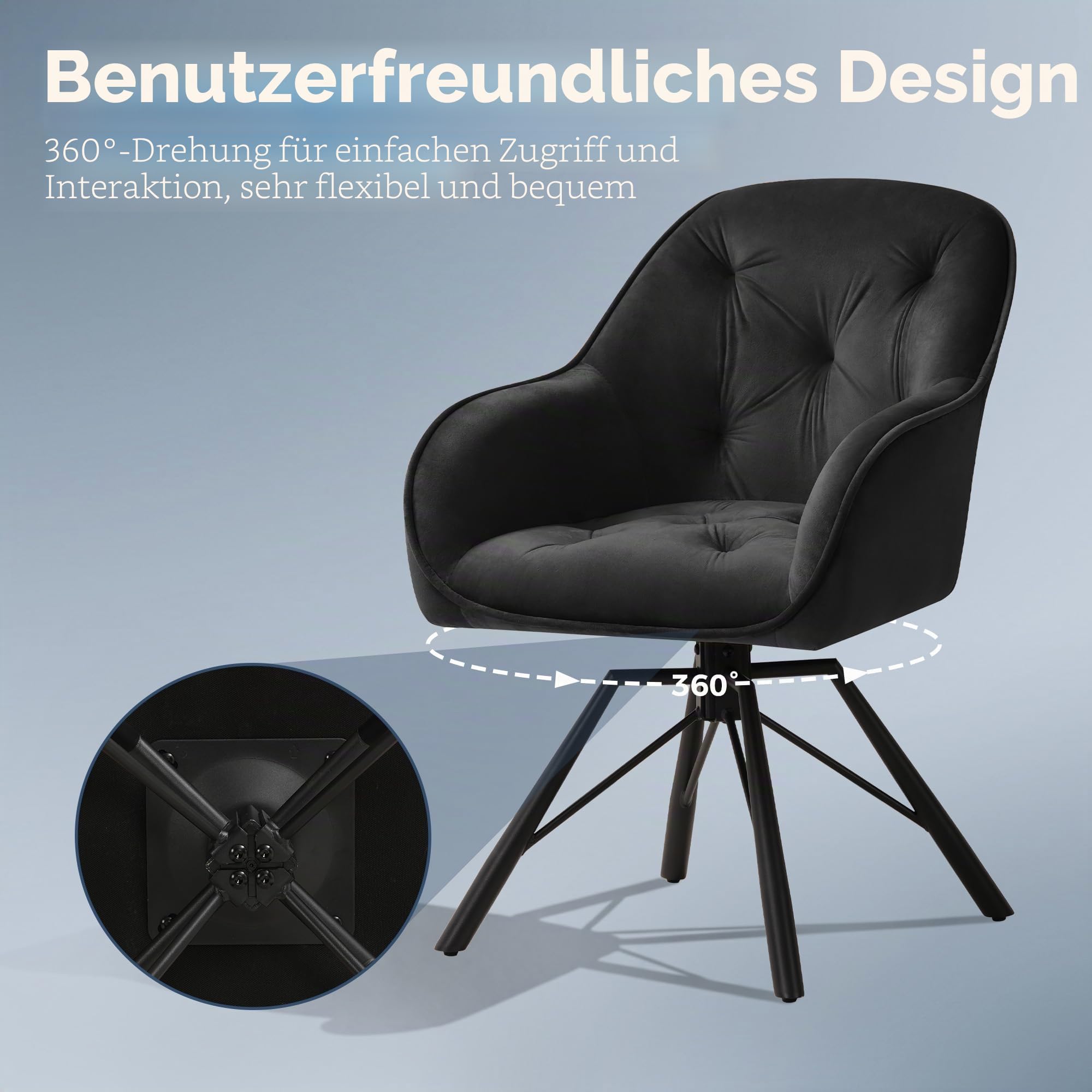 ELUCHANG Esszimmerstühle 2er Set, 360°Drehbar, Mehrschichtiger Dicker Schaumstoff Stuhl mit Hohen Armlehnen, Schwarz Samt, Gekreuztes Metallgestell bis 150KG, für Schlafzimmer Küche Wohnzimmer