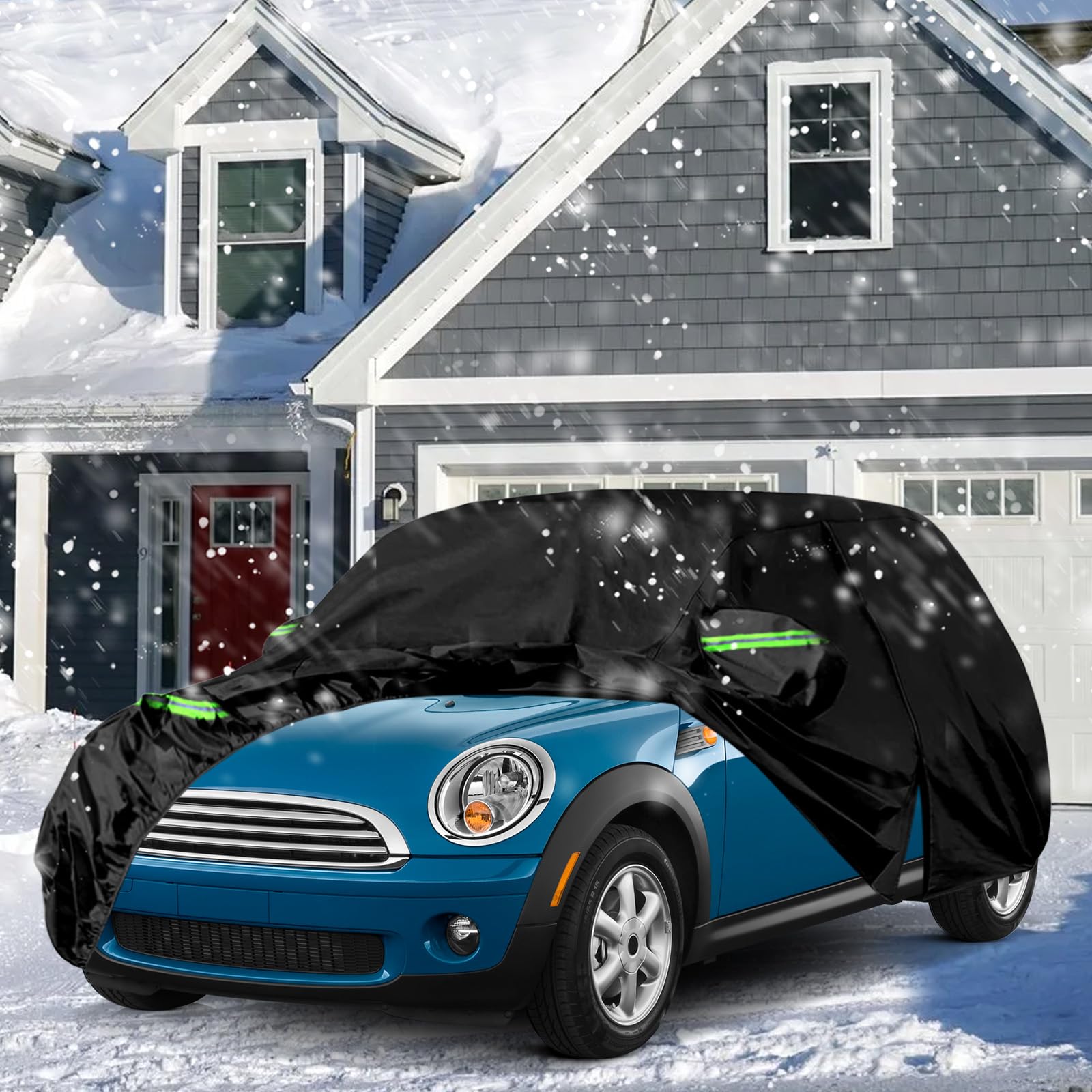 Autoabdeckung für Mini Cooper 3 Türer 2000-2026, 300D Schwarz Vollgarage | Wasserdicht Autoplane mit Reißverschlusstür für Schnee, Regen, Allwetterschutz