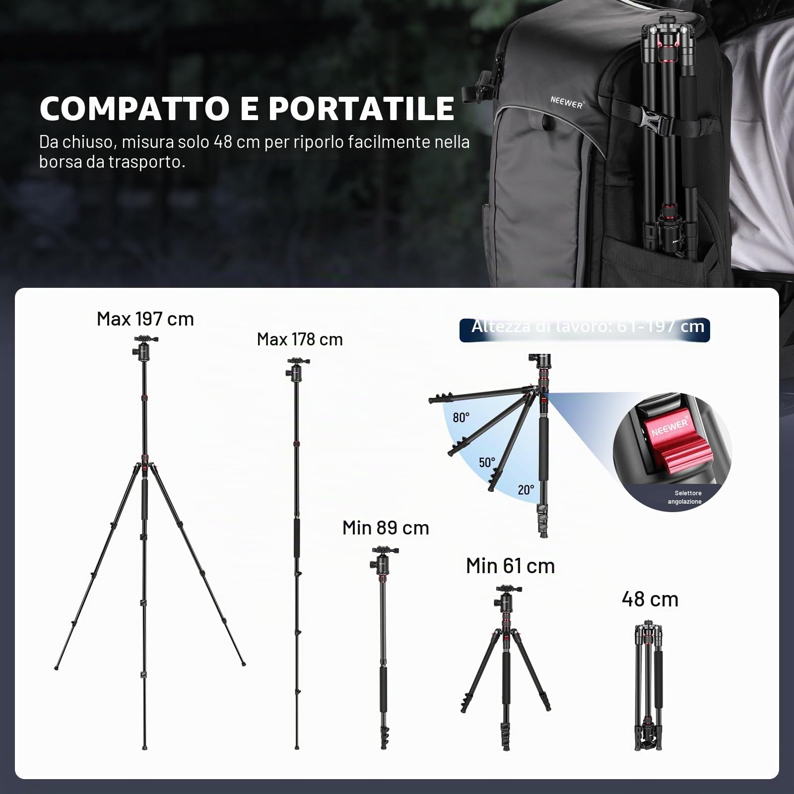 NEEWER 77'' Treppiede Fotocamera, Treppiede Monopiede Pieghevole Alluminio DSLR, Telefono con Testa a Sfera Panoramica 360°, Colonna Centrale a 2 Assi, Piastra Arca QR e Borsa, Carico Max 34lb, TP77