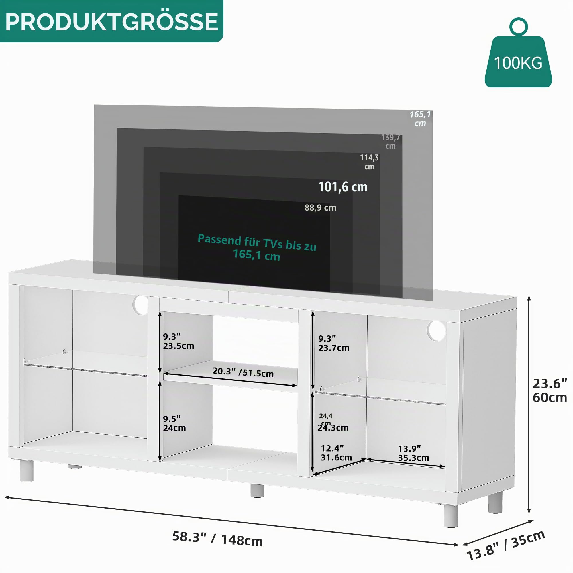 YITAHOME TV Schrank, Lowboard für 65 Zoll & kleinere TVs mit RGB LED-Beleuchtung, 148cm TV Board mit verstellbaren Glasböden, integriertes Kabelmanagement, Fernsehtisch für Wohnzimmer (Weiß)