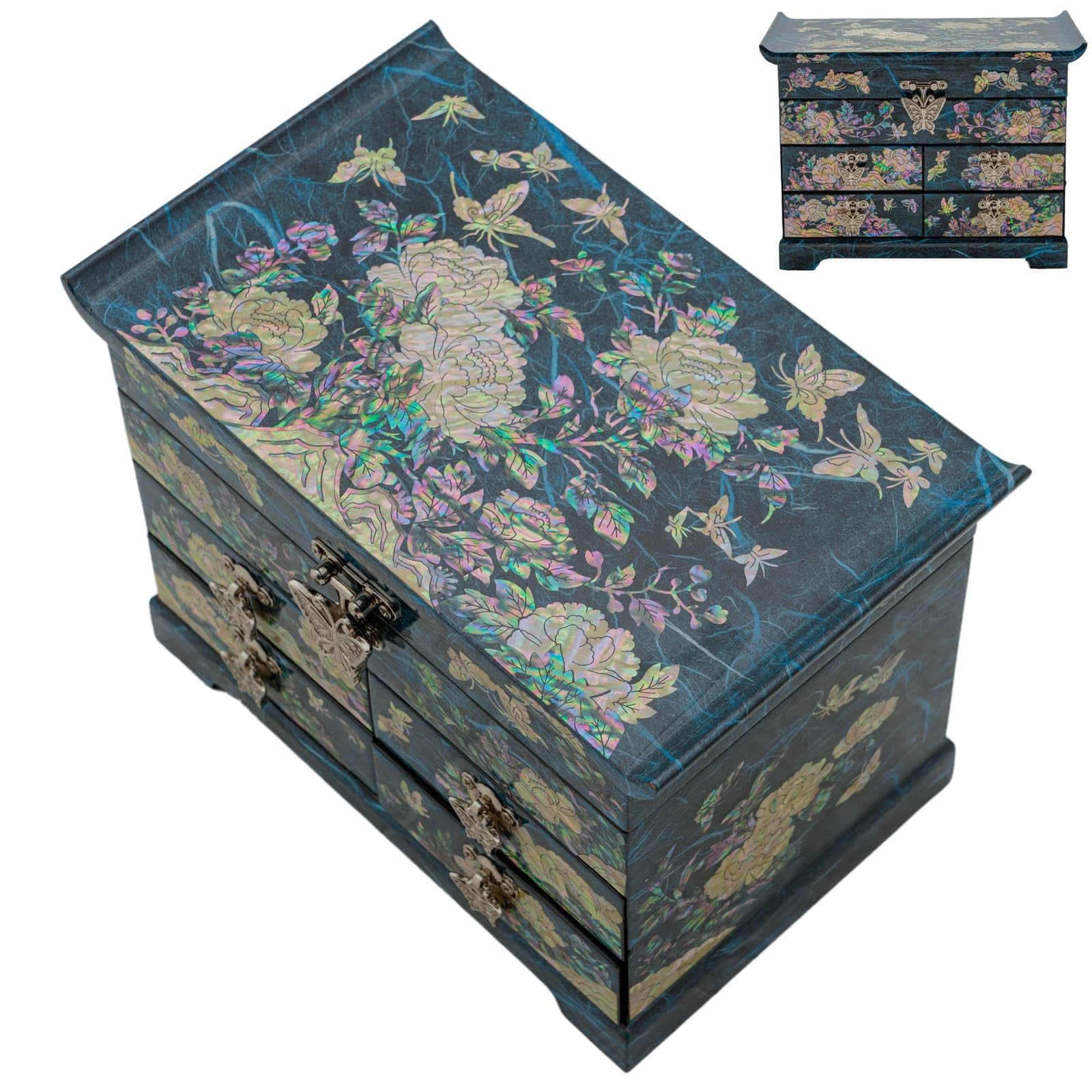 February Mountain Mother of Pearl Wooden Jewelry Organizer Box – Jewelry Storage Box for Women, Features Spacious Drawers, Ideal for Rings, Bracelets, Watches, Chains, Accessories (Peony_Blue)