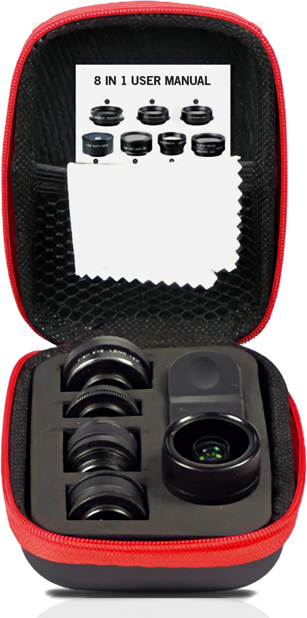 Adcom 8 in 1 Mobile Phone Camera Lens Kit for 0.36x, 0.63x Wide Angle Lens, 2X Telephoto, Kaleidoscope, Starburst, 198 Fisheye, 15x Macro Lens, CPL Universal Clip-On Cell Phone Travel Lens (Black)
