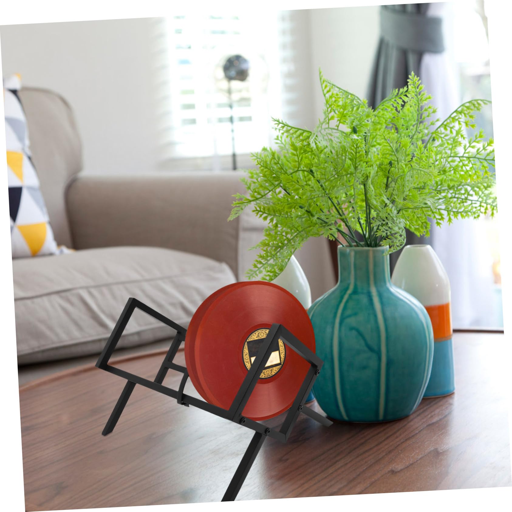 Hemobllo Porta Dischi Vinile e CD in Ferro Nero Supporto da Tavolo, Organizzatore Desktop Paraurti Laterali, Design Moderno e Semplice per Ufficio o Casa