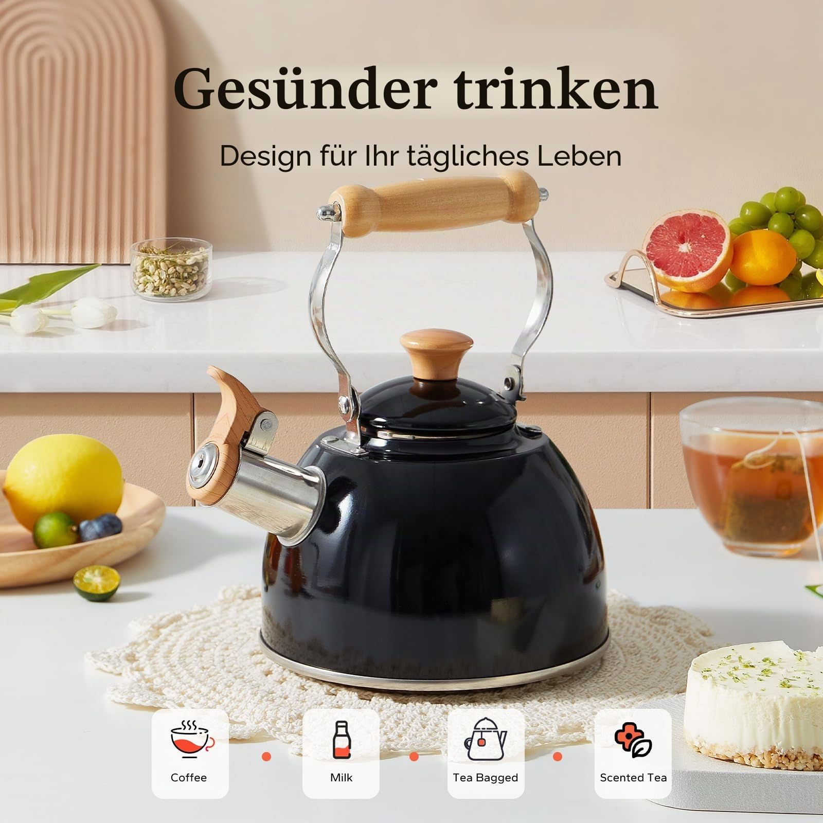 Wasserkessel Induktion, Flötenkessel für alle Herdarten, Edelstahl Teekessel Camping mit Holzgriff, Cool-Touch-Griff Teekanne Vintage 1.5L Schwarz