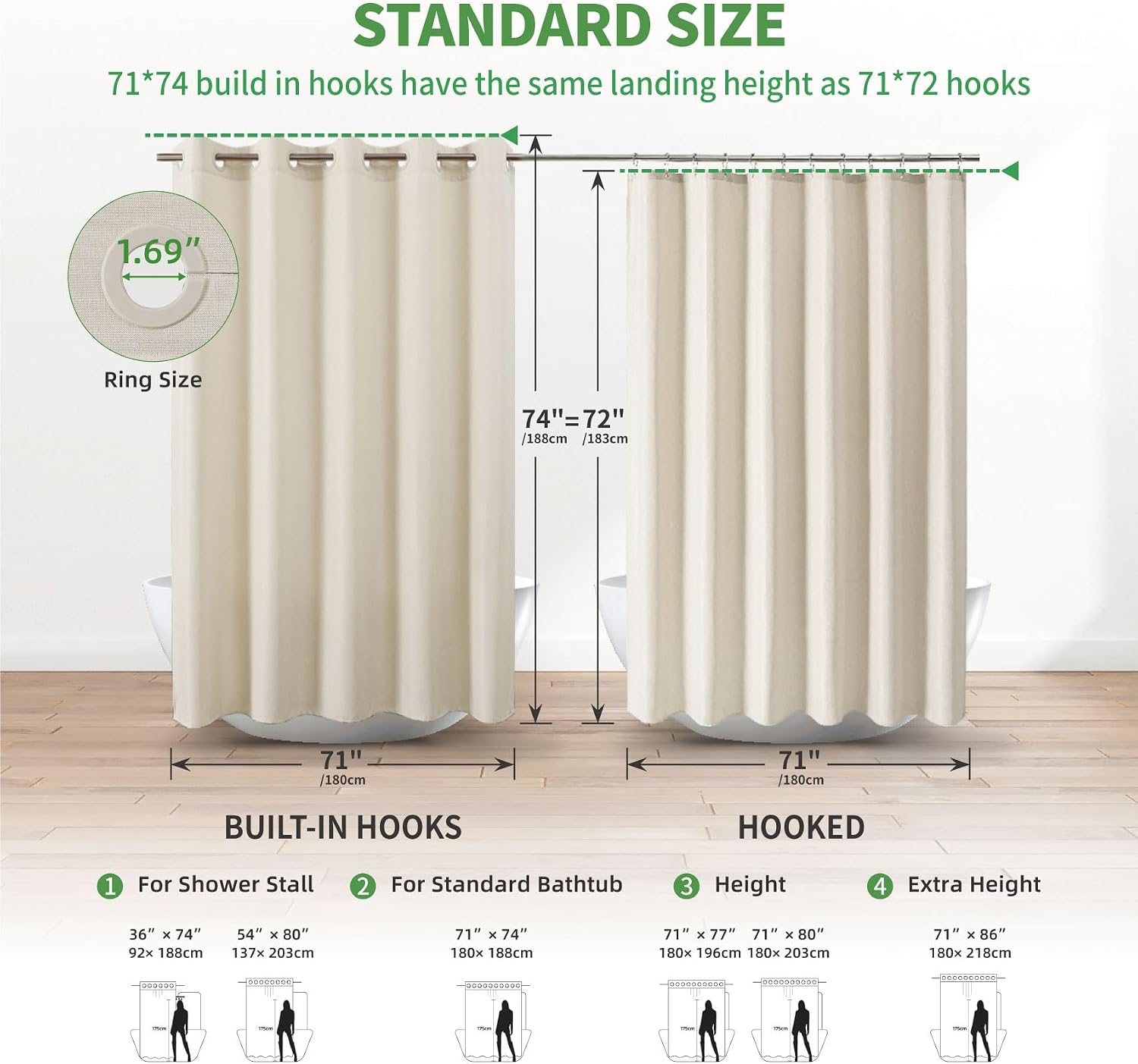 eachope No Hooks & No Liner 150GSM Fabric Shower Curtain,71Wx74L,Cream