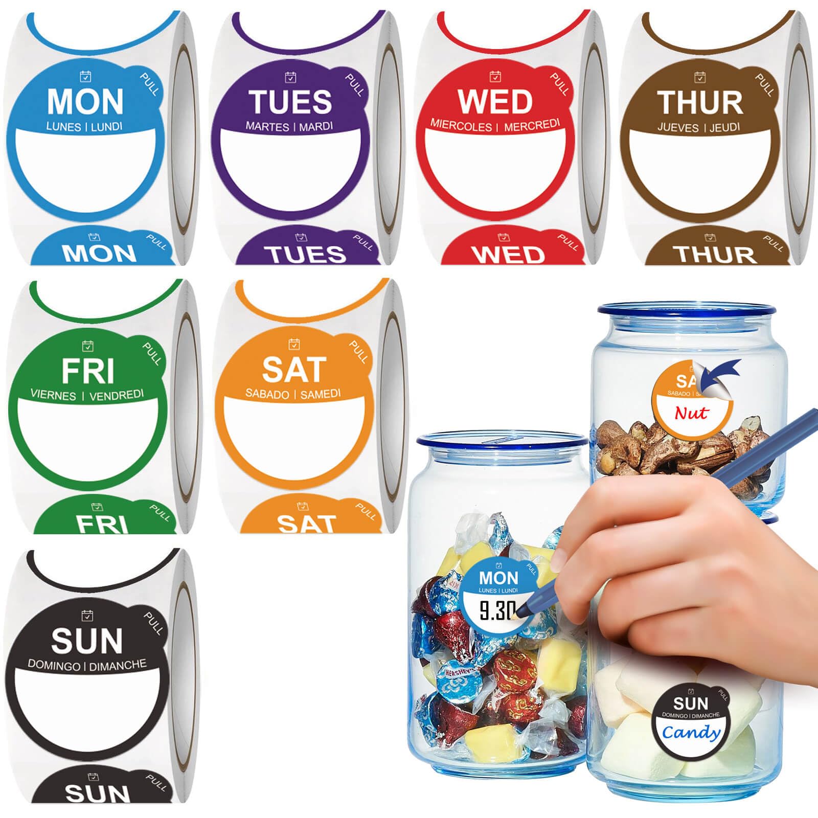 Food Label Stickers for 7 Days of The Week, Removable Freezer Breastmilk Date Labels Peel Tab for Container Kitchen Restaurant Supplies Day Meal Planners Dots Inventory Management Accessory Small