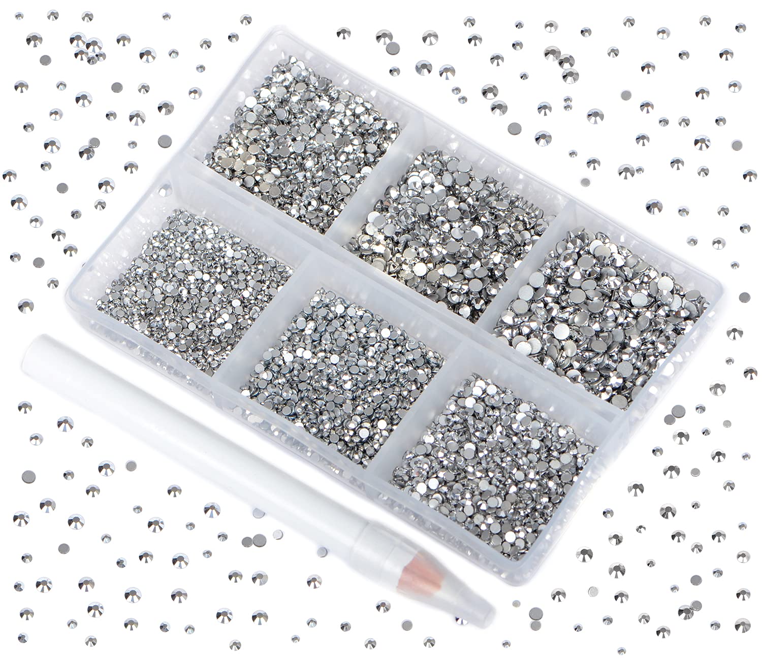 Bymitel 7200 Pieces 6 Mixed Sizes Glue Fix on Glass Rhinestones Round Crystal Gems Flatback for DIY Jewelry Making with one Picking Pen(6-Sizes 7200PCS, Labrdor)
