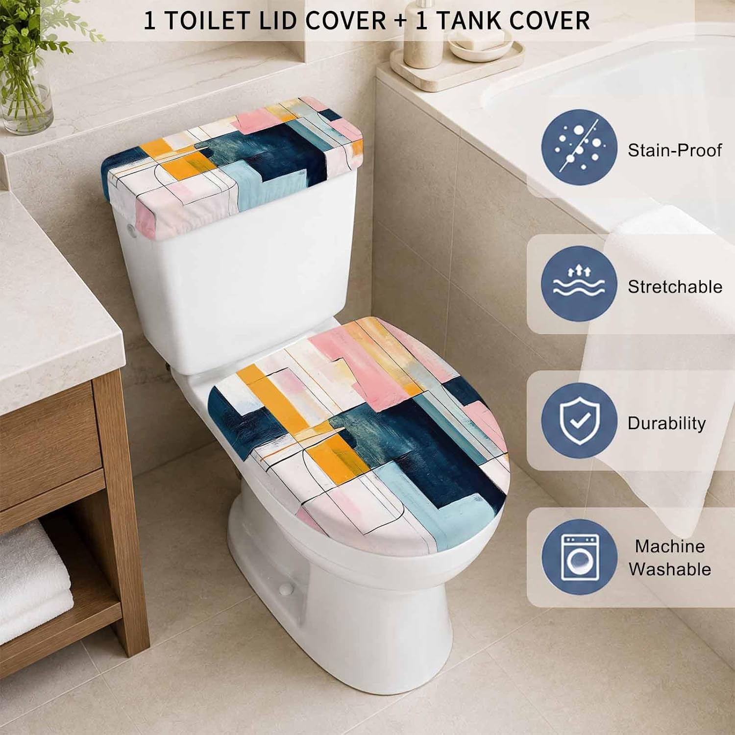 Colorful Geometric Elastic Toilet Lid and Tank Covers Set, Modern Chic Abstract Oil Painting Decorative Bathroom Decor, 2 Pcs Toilet Lid Cover and Toilet Tank Lid Cover with Elastic Bottom image 3
