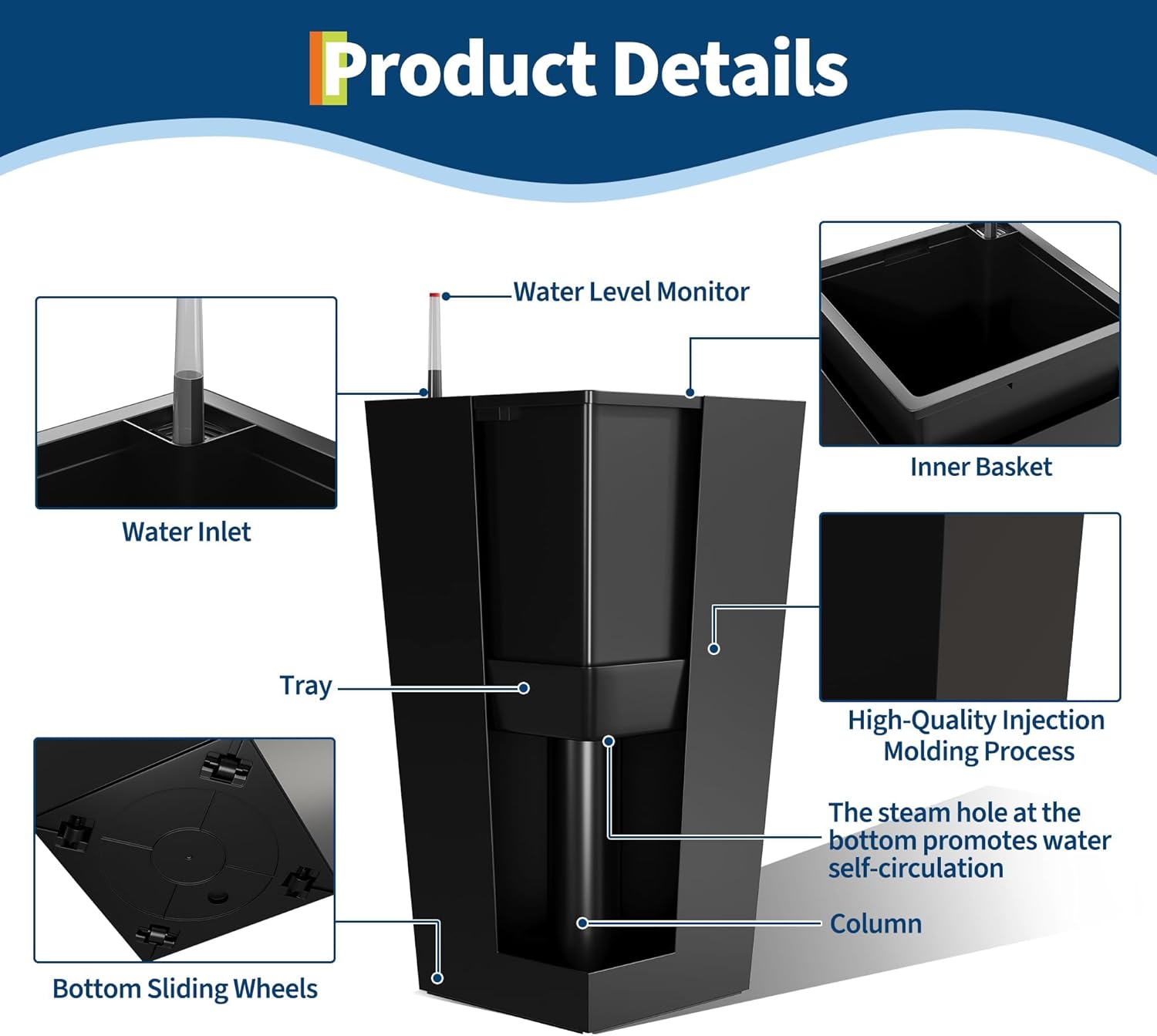 GarveeHome 30 Inch Tall Outdoor Planters Set of 2,High Front Porch Planter Pots with Drainage Holes,Water Level Monitor and Wheels,Black