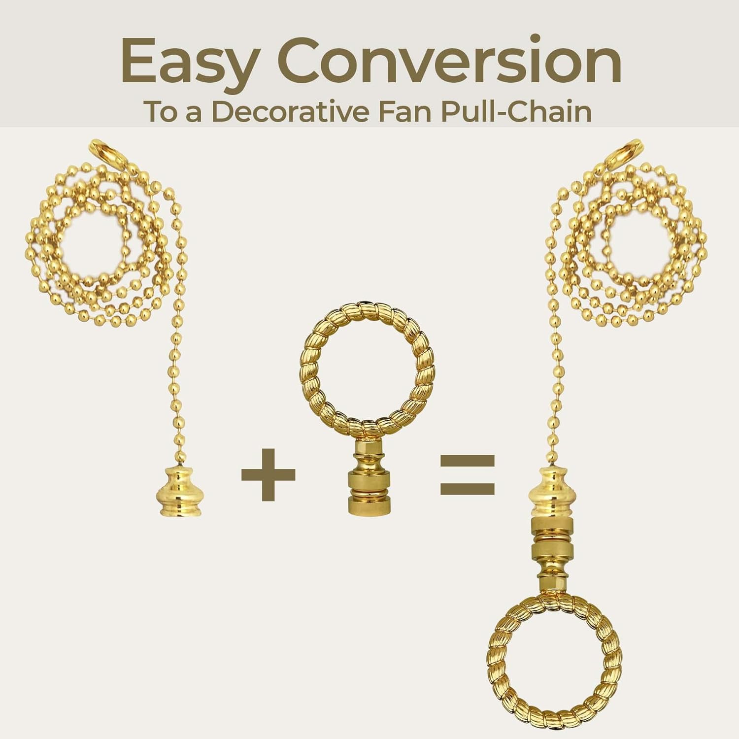 Royal Designs, Inc. Rope Wreath Finial with Fan Pull Chain, Polished Brass - Pack of 1
