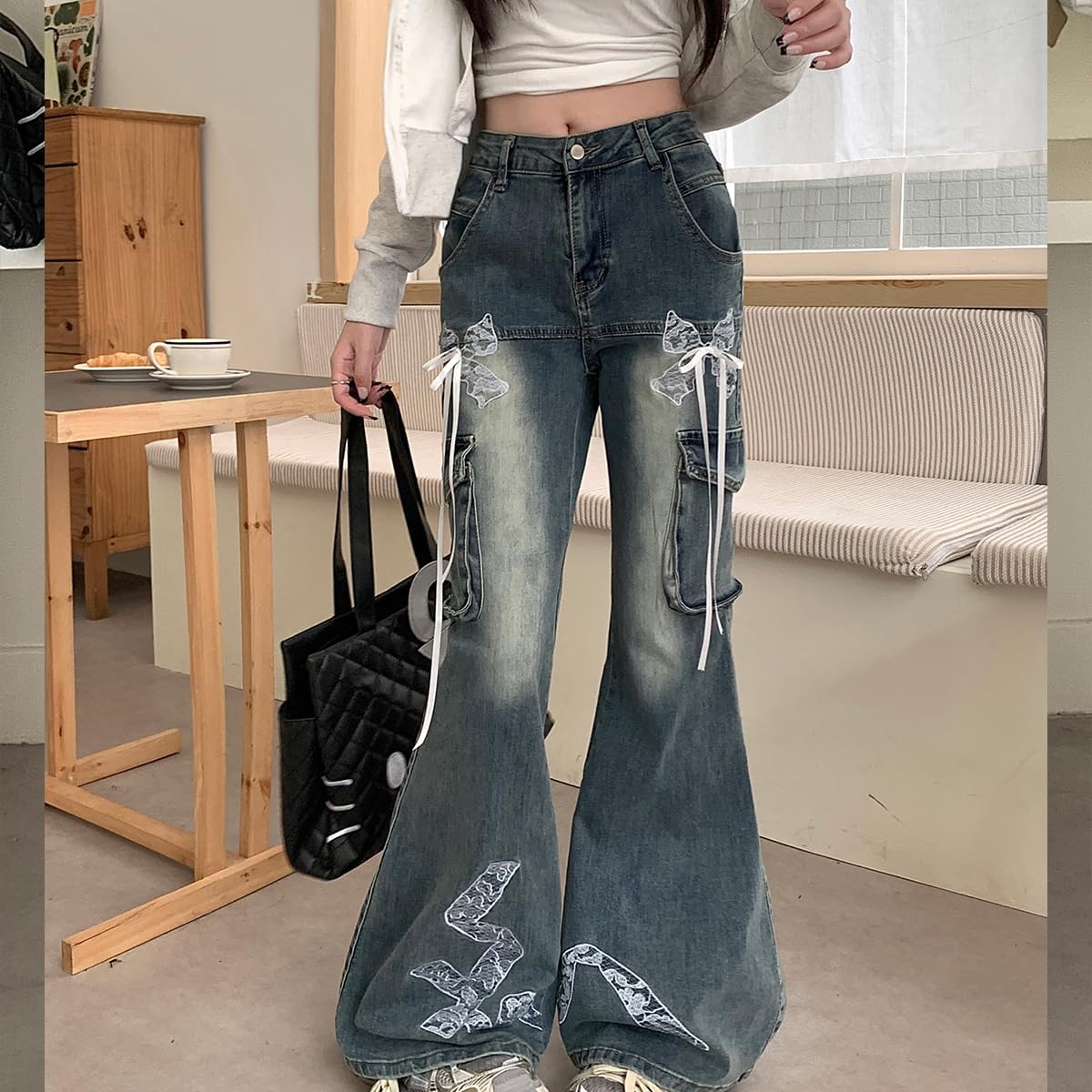 Fashion Y2K High Waisted Wide Leg Jeans Casual Vintage Lace Drawstring Patchwork Slim Flared Denim Pants