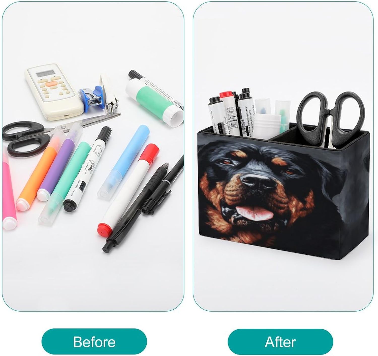 Leather Pen Container, Cool Rottweiler Dog Art Square Pen Holder,Pencil Holder 2 Compartments, for Home Office Desk Accessories image 3