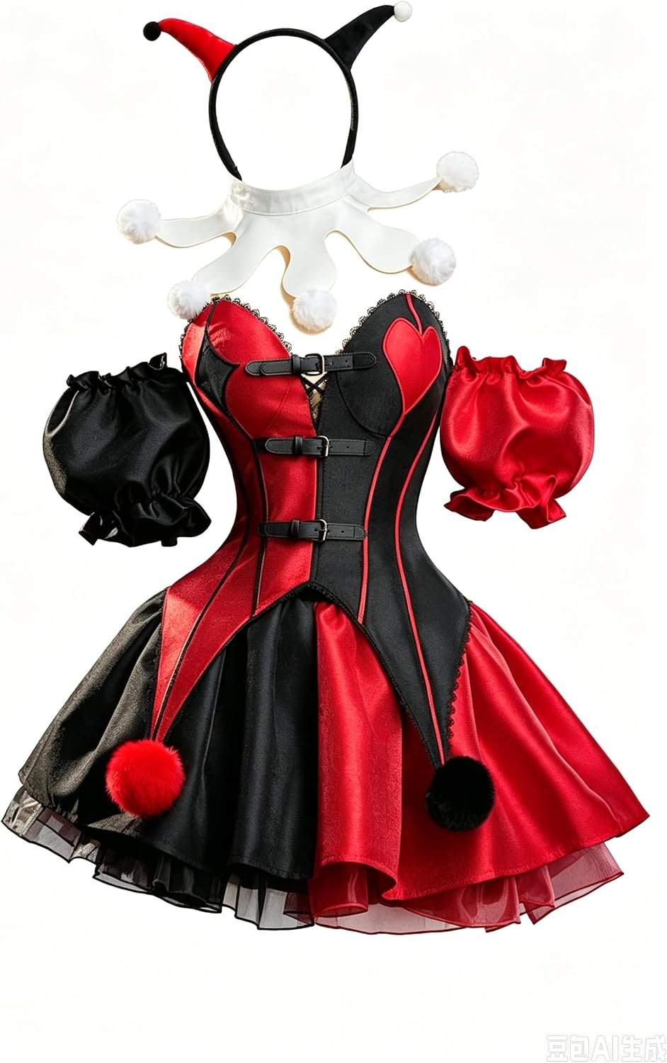MEOWCOS Red Black Patchwork Corset Skirt Set Off-shoulder Corset and Layered Skirt with Collar Headband