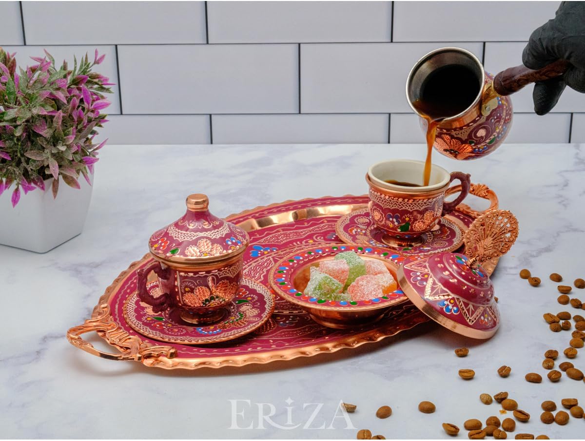 SODEF Embossed Copper Coffee Cup Set for Two with Tray, Turkish Delight Bowl, Coffee Pot, Lilac Porcelain - Lilac