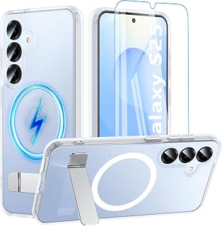 OWKEY Magnetische für Samsung Galaxy S25 Hülle mit Ständer,Matt Weiß