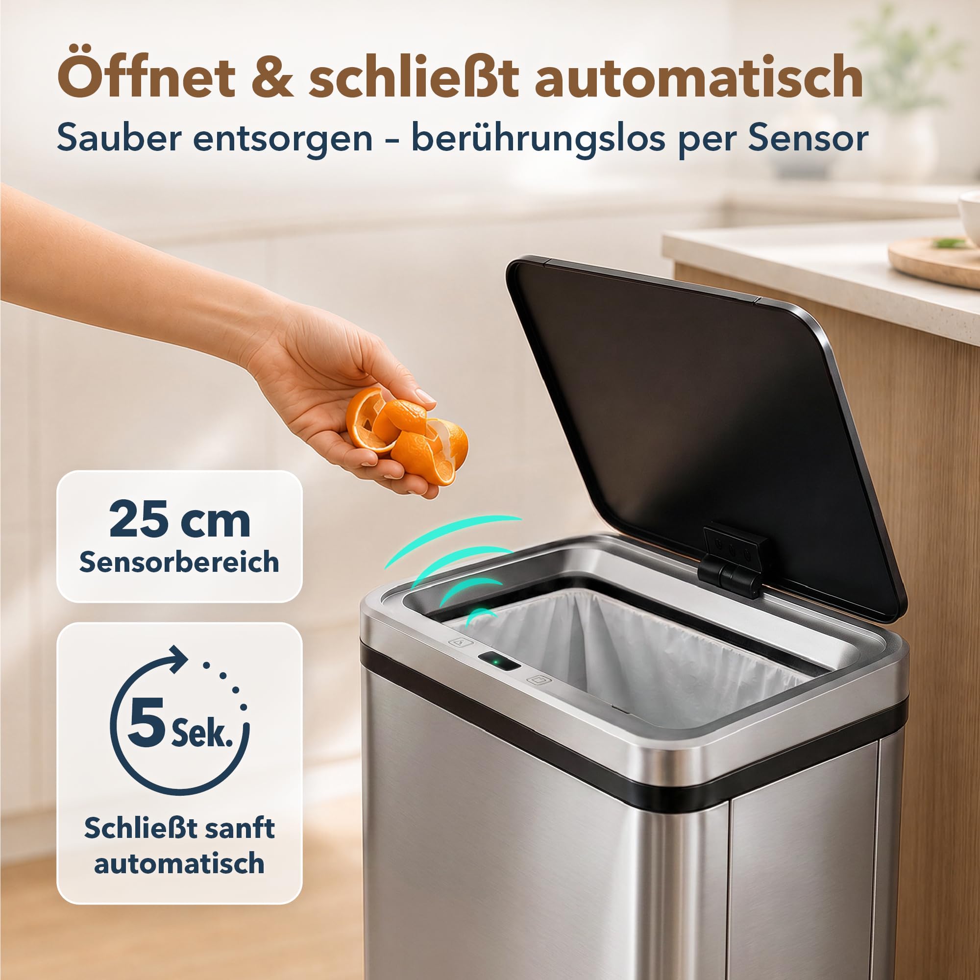 ledscom.de 2x SORTA Sensor Mülleimer 50L, Edelstahl Abfalleimer | automatischer Bewegungssensor, Touch-Bedienung, Soft-Close, 4x AA Batterie, 35,5 x 26 x 67 cm, Silber/Schwarz