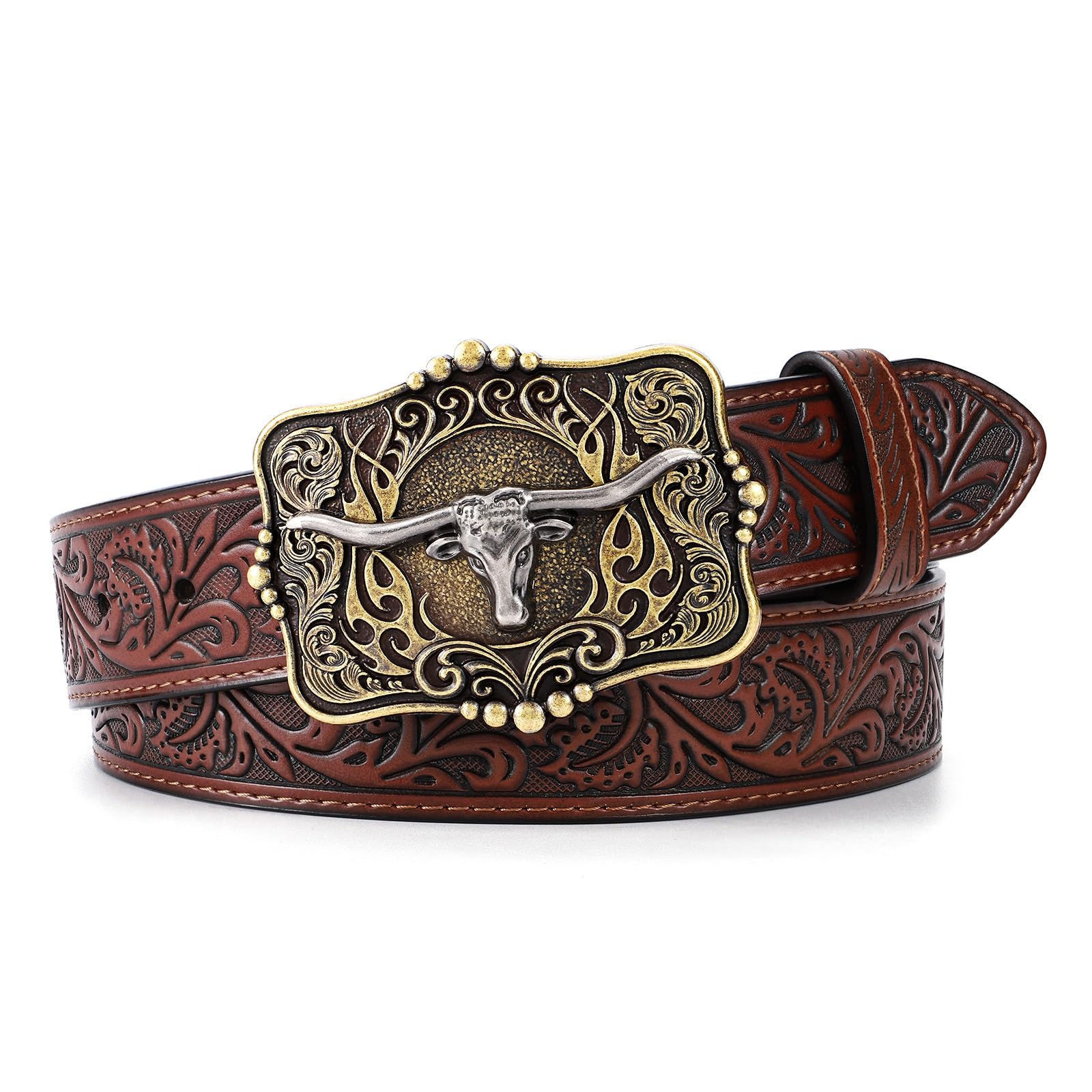 Cowboy Cowgirl Belt Western Belts for Men Women Floral Engraved Longhorn Bull Buckle Belt for Jeans