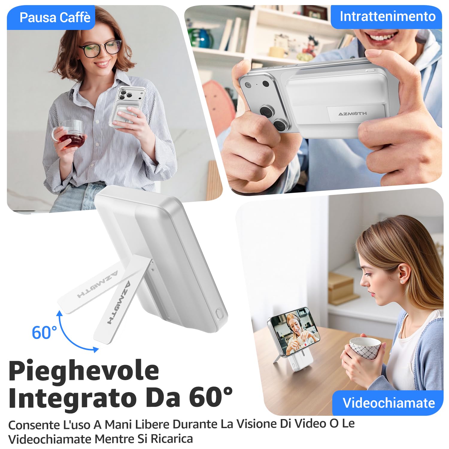 Azmuth Power Bank per Magsafe, 10000mAh Batteria Esterna Magnetica Wireless Ricarica Rapida 20W USB-C con Display LED e Supporto, Caricatore Portatile per iPhone 17/16/15/14/13/12 Serie, Bianco