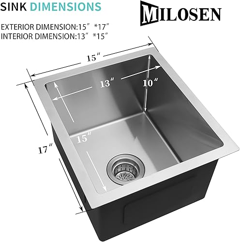 Miniatura 3 de Fregadero de barra de acero inoxidable para montaje inferior, fregadero de cocina pequeño de 15 x 17 pulgadas, fregadero de barra de preparación