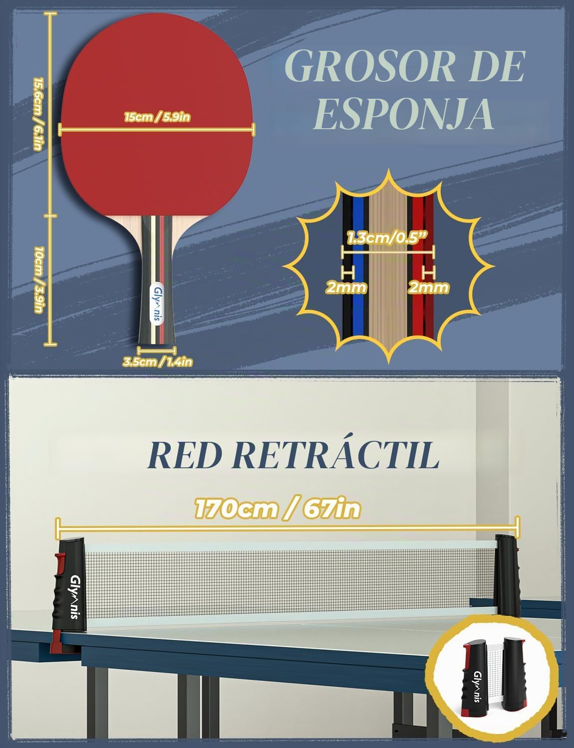 Glymnis Juego de Tenis de Mesa portátil con Red retráctil, Bates y Pelotas de Ping Pong de 3 Estrellas, Bolsa de Almacenamiento, Kit Todo en uno Premium