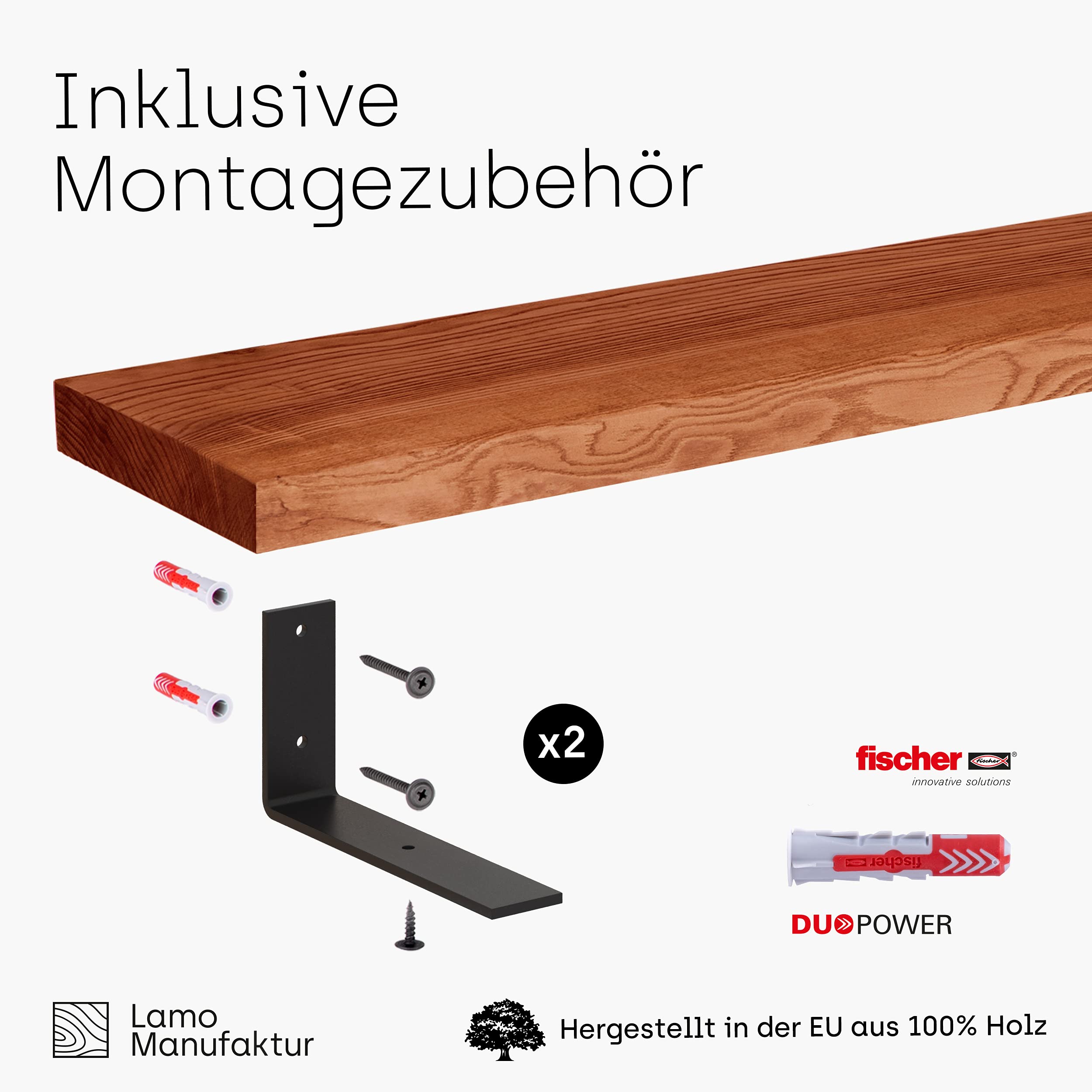 Manufaktura LAMO drewniana półka wisząca, krawędź prosta, półka na książki z 2 metalowymi wspornikami, ciemny jesion 120 cm, LWG-01-A-004-120L