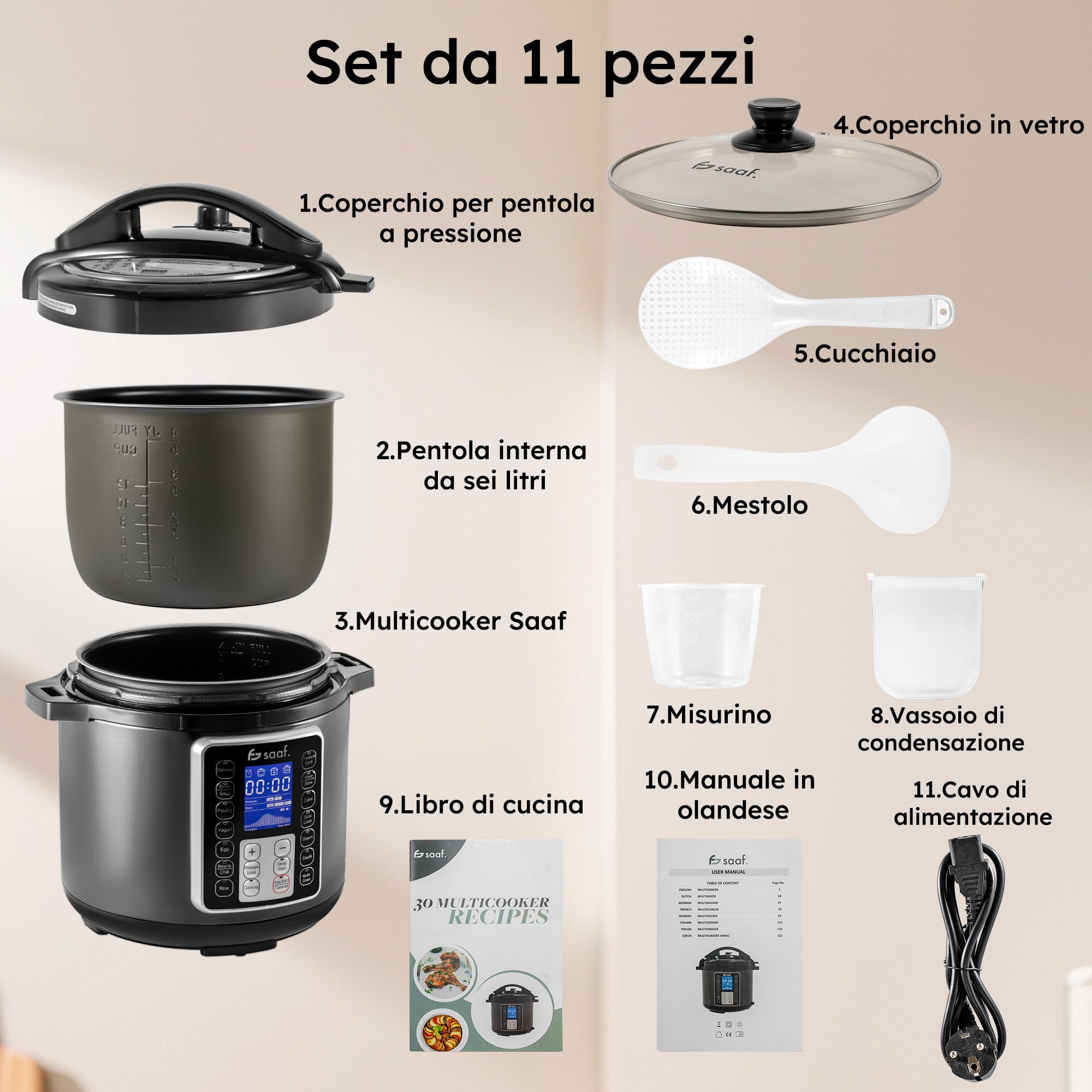 Saaf Multicooker – Set 11 Pezzi – 12 Programmi – Slowcooker, Cuociriso, Vaporizzatore & Pentola a Pressione – 6L – Include Coperchio, Pentola, Cucchiaio, Misurino & Ricettario – Display Digitale