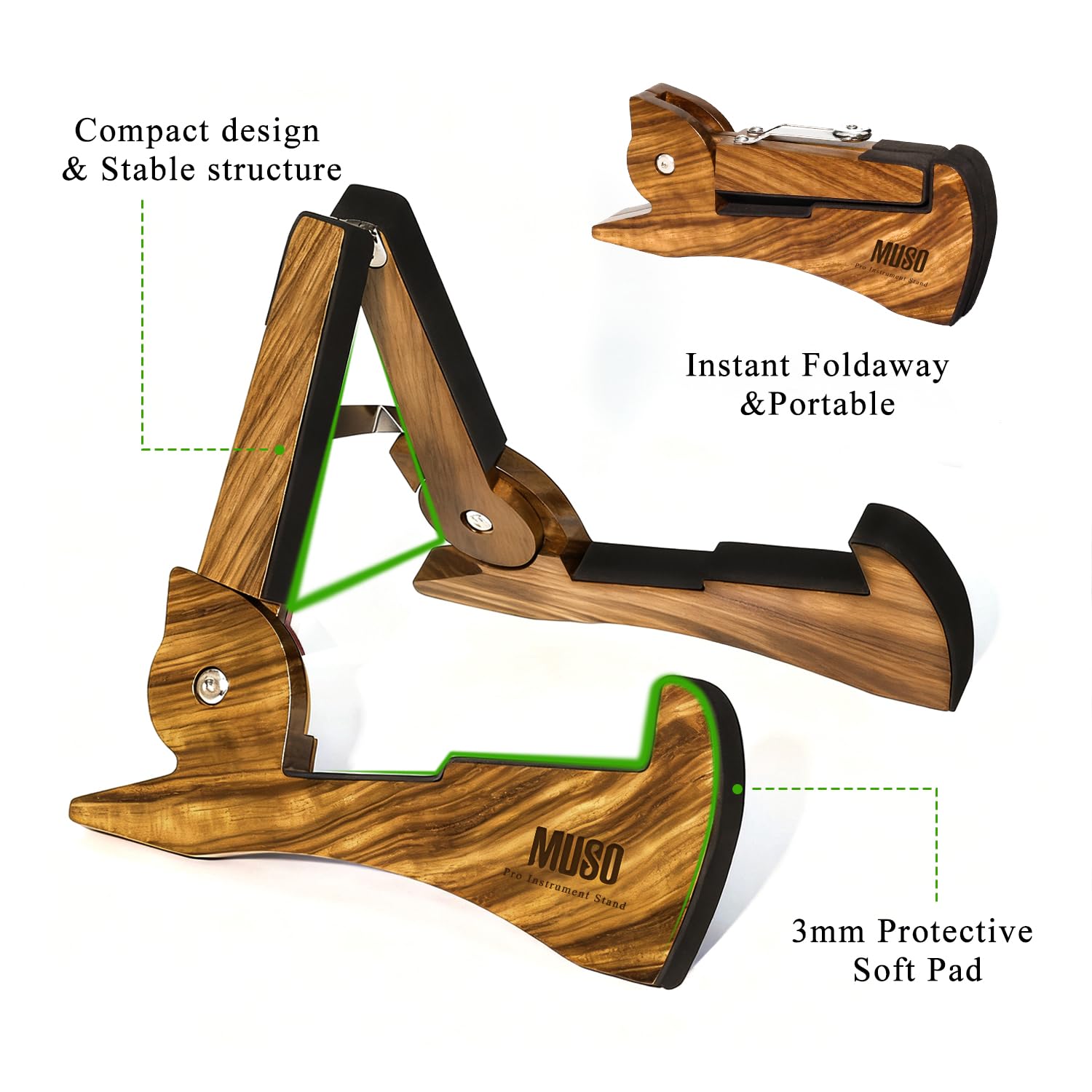 MUSO Soporte plegable para guitarra, madera natural, forma de conejo, ligero y portátil, para guitarra, bajo, ukelelele, banjo, violonchelo, violonchelo, violín y mandolina (cebra)