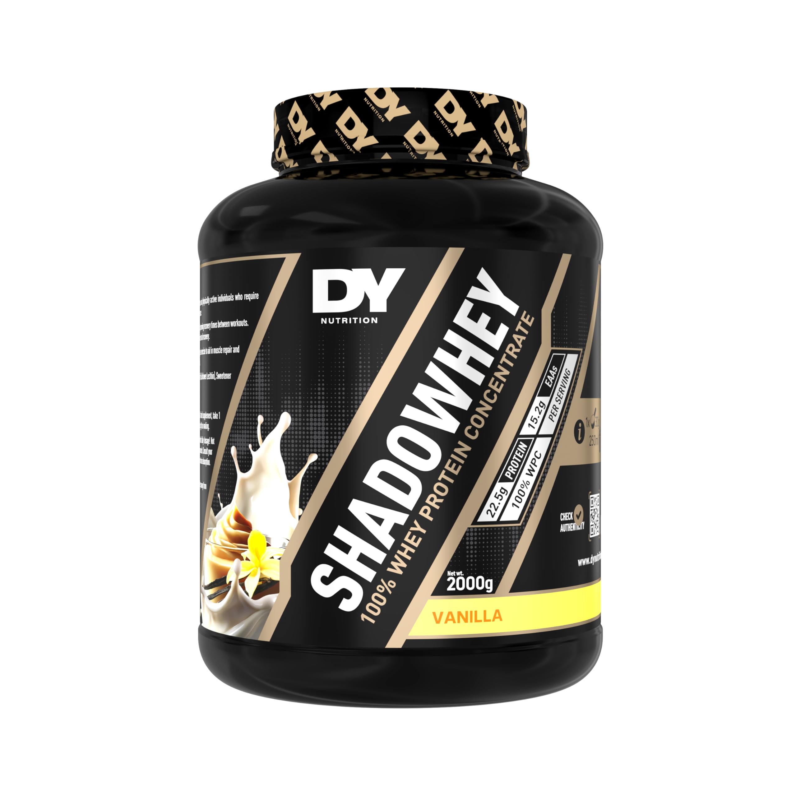 DY Nutrition - Shadowhey Whey Protein Concentrate Powder 2Kg | 23g Protein per Serving | 66 Servings | 7.3g of BCAAs | Sourced from EU Grass-Fed Cows | Easy Mix & Digest Formula (Vanilla)