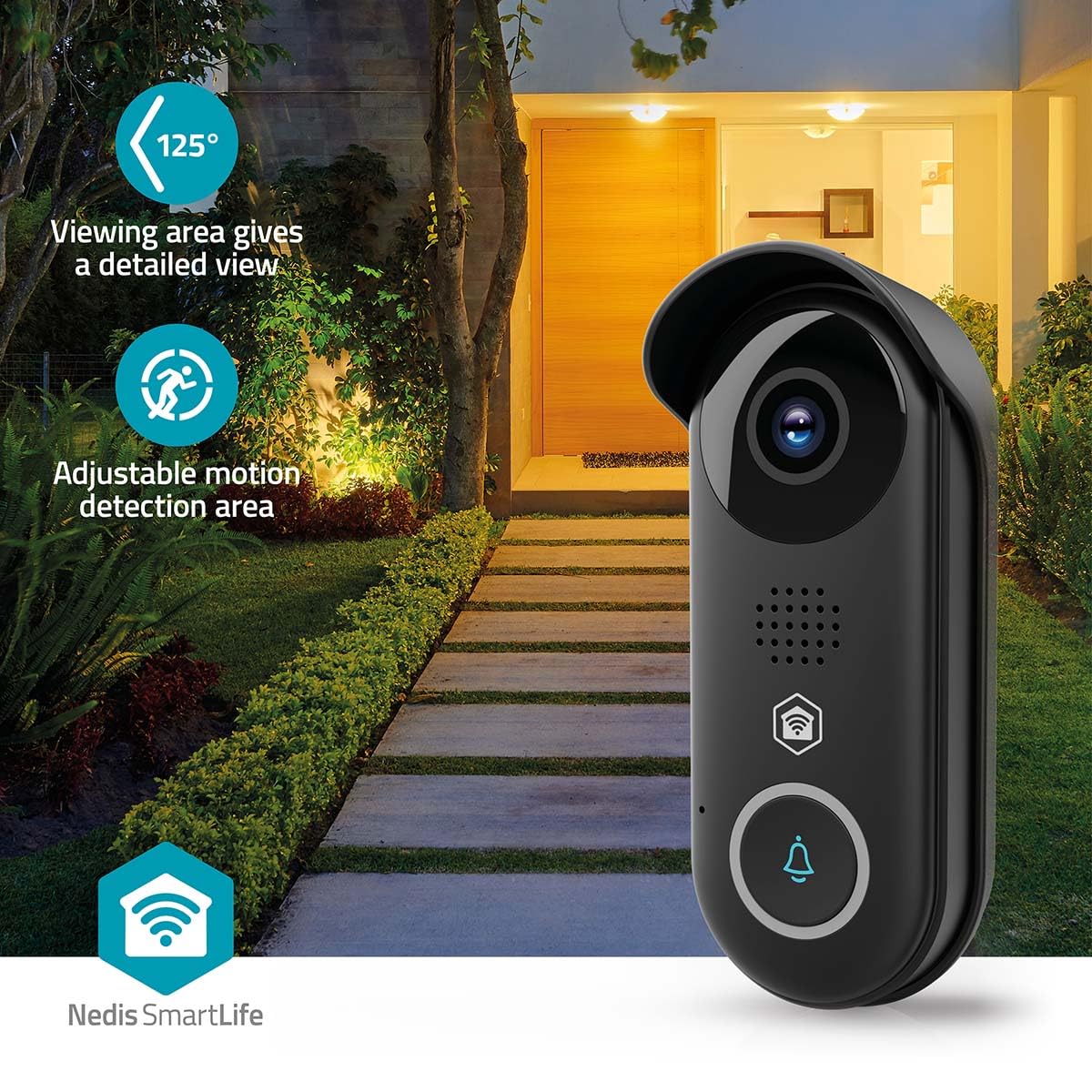 Nedis WIFICDP11BK | Timbre Inteligente con cámara Wi-Fi | 1080p Full HD | Visión Nocturna | Detección de Movimiento | Audio bidireccional | Almacenamiento microSD y Nube | Negro