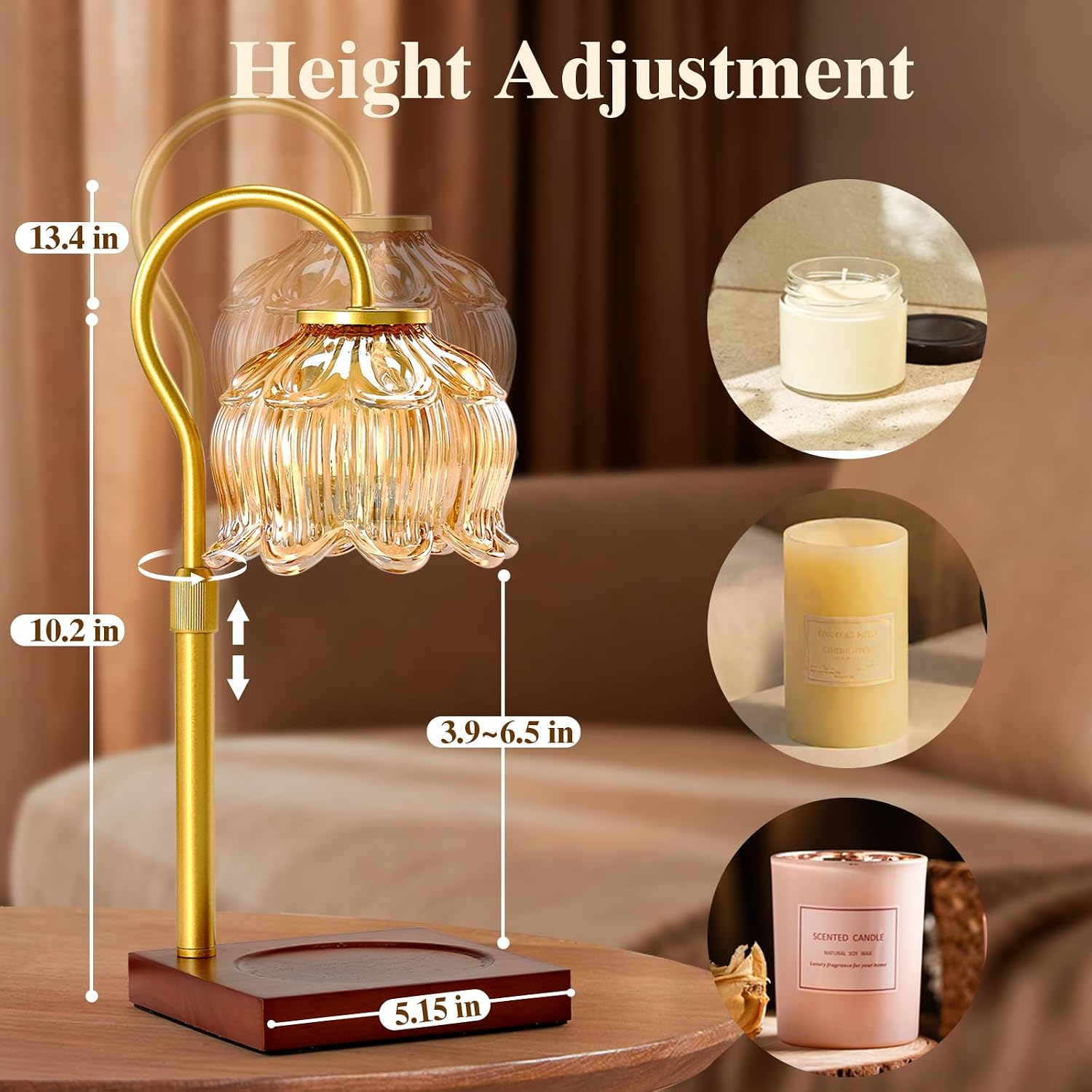 Shevvi Candle Warmer Lamp with Timer, Dimmable Candle Warmer for Jar Candles, Gifts for Women Mom, Height Adjustable Wax Melt Warmer, House Warming Birthday Gift, New Home Decor, Walnut Gold