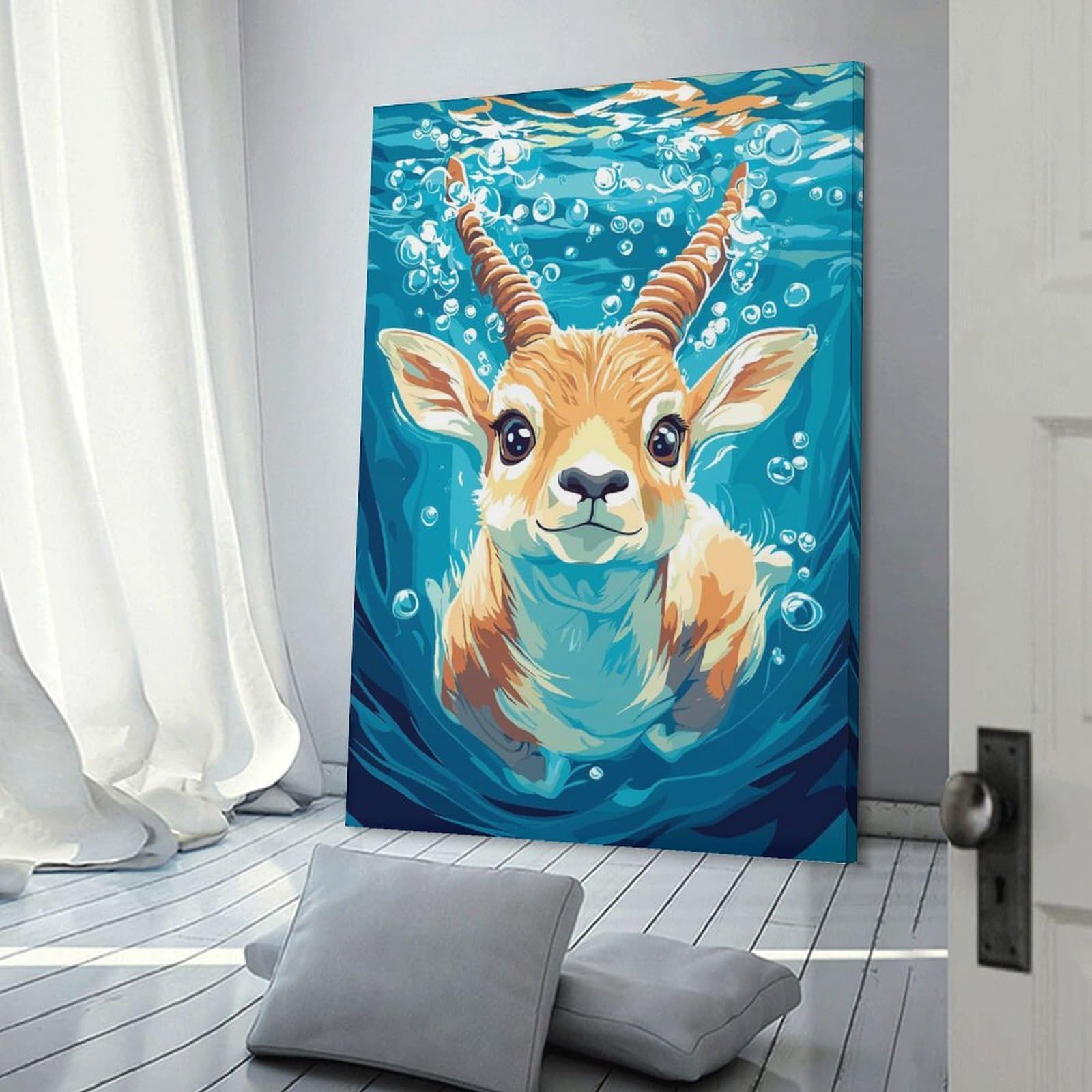 Junmoney Frame-Style-23 Cute Antelope Swimming Underwater Illustration Wall Picture Print, 08X12inch(20X30cm), For Workspace Walls, Study Corners Or Bedrooms, Wall Art That Adds Style To Work Areas