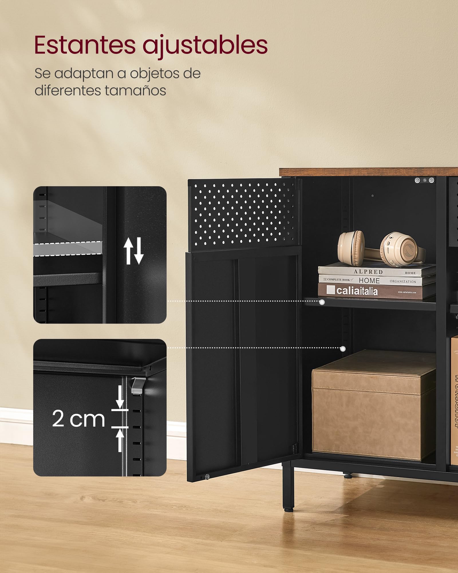 SONGMICS Armario de Almacenamiento, Armario de Metal, Aparador con Puertas Dobles, Cierre Magnético, Estantes Ajustables, Marco de Acero, Marrón Rústico y Negro Mate LSC204B01