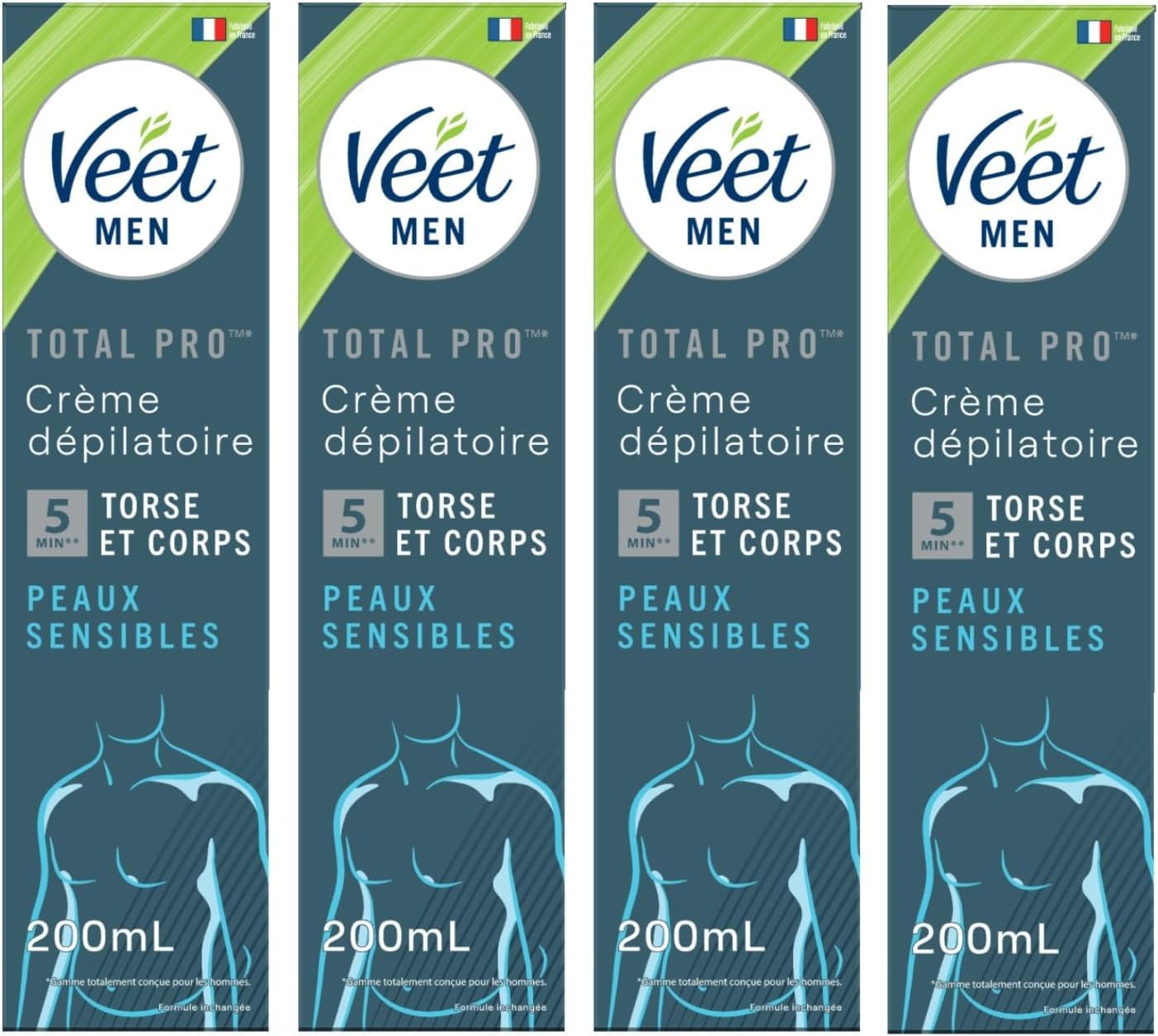 Veet Men – Crema depilatoria para hombre – Piel Sensible – 200 ml – Juego de 4
