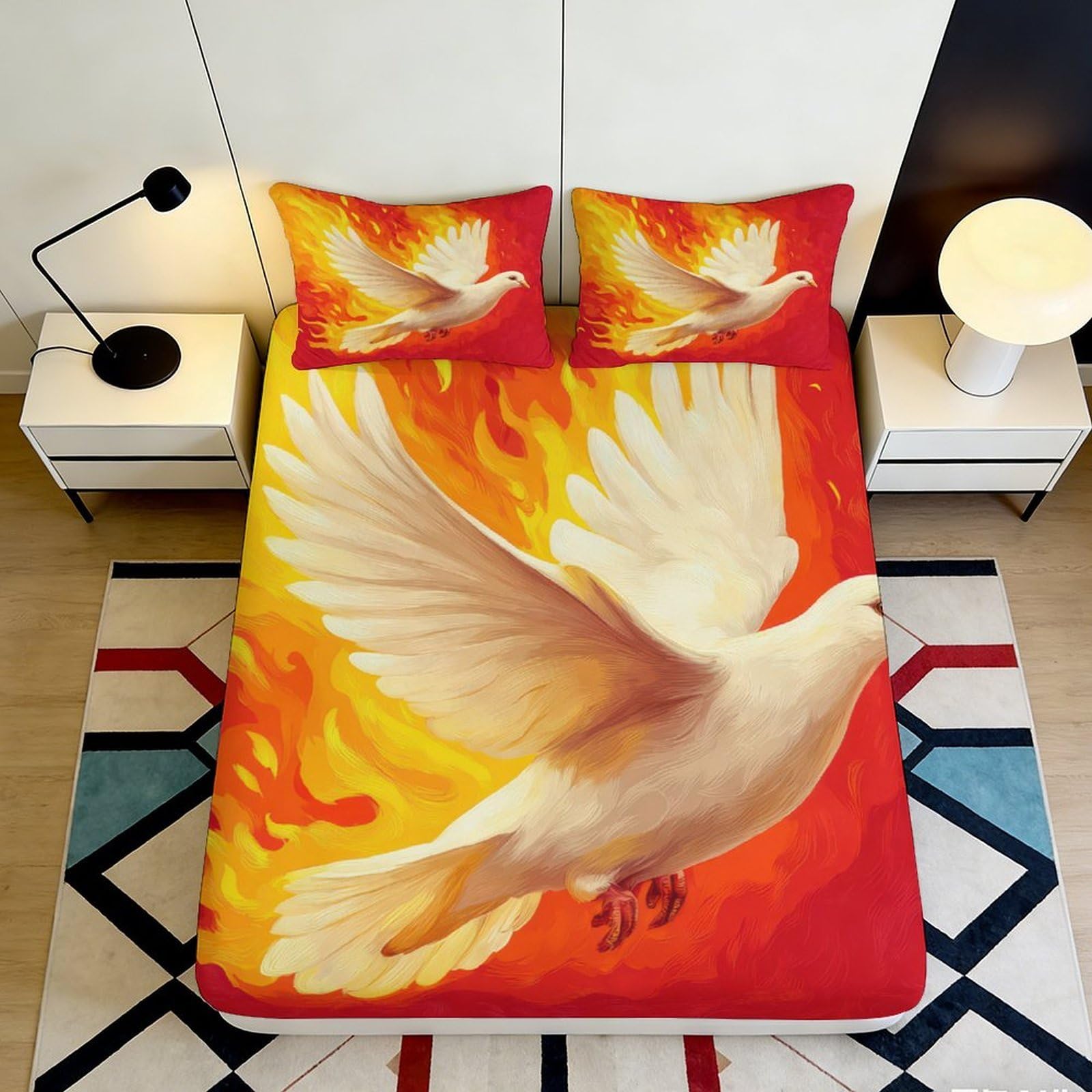 K1r3d9e5 Style-8 3D Printed White Dove Flame Fitted Sheet Microfiber Soft Bed Cover For Bedroom Guest Room Easy Care Decor 90X200x25cm