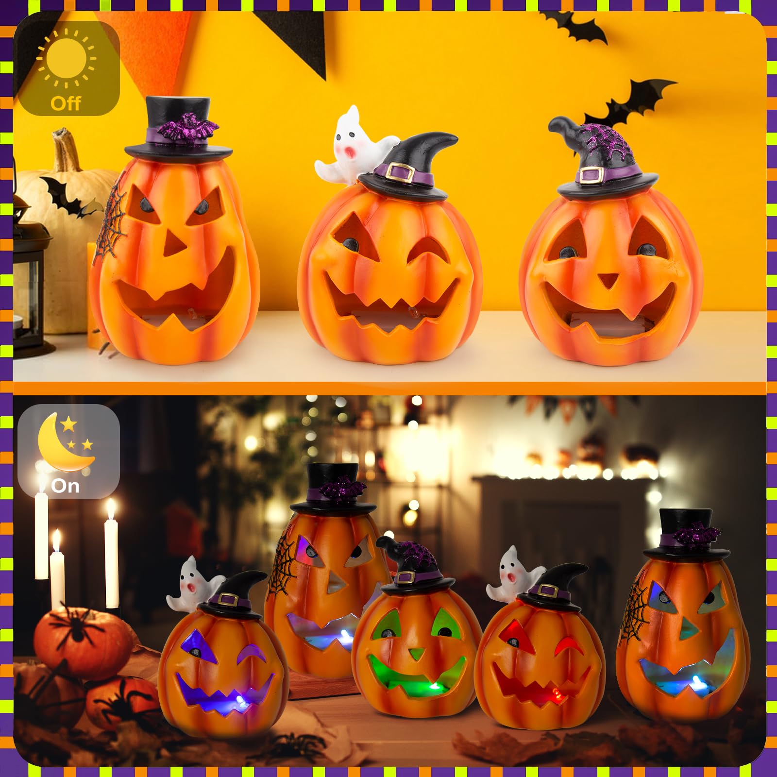 QEQEKAKA Halloween Pumpkin Decorations - 3PCS Jack O Lantern for Halloween Party, Indoor Decorations, Birthday Gifts, Resin Lights