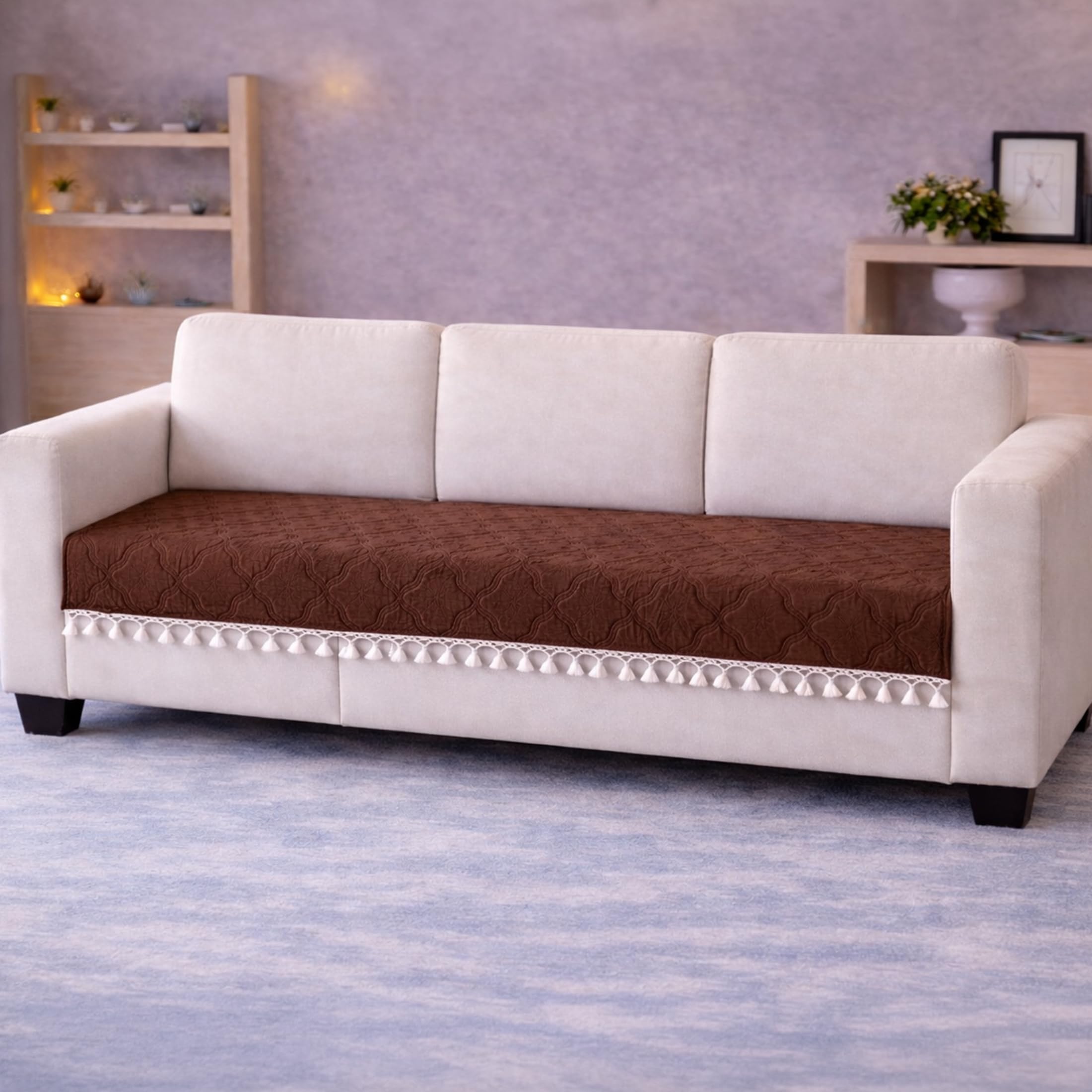 Cortina Velvet Sofa Cover with Tassels | Sofa Couch Protector | Machine Washable Sofa Topper (Marron, 2 Seater)-image-49