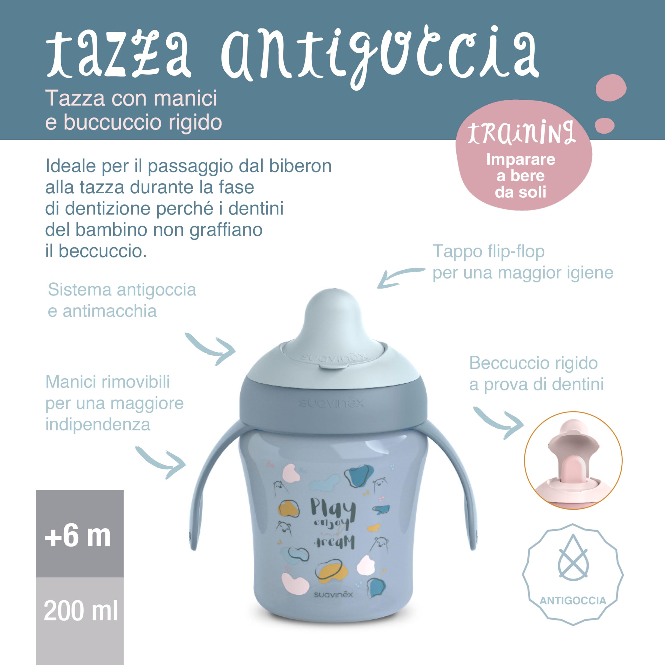 Suavinex Tazza Evolutiva Antigoccia 200 ml Bimbi +6 Mesi Lavabile Lavastoviglie My Family Blu