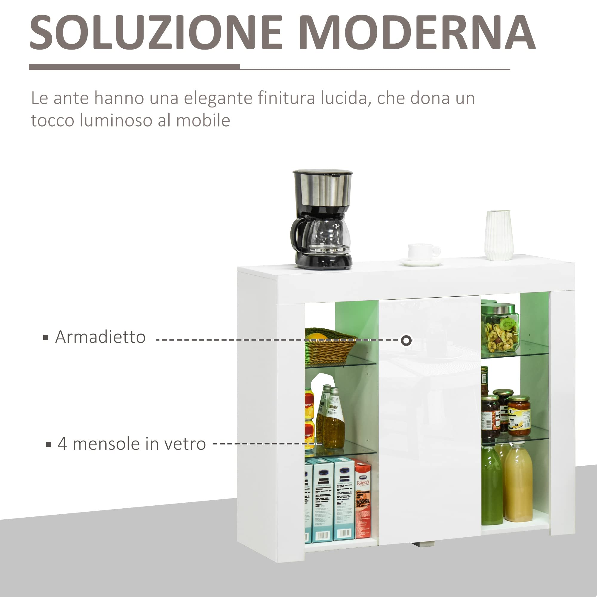 HOMCOM Credenza Moderna con Luci LED Finitura Lucida 97x35x83cm Bianco | a Anta, Mensole in Vetro, Mobile Multiuso in Legno