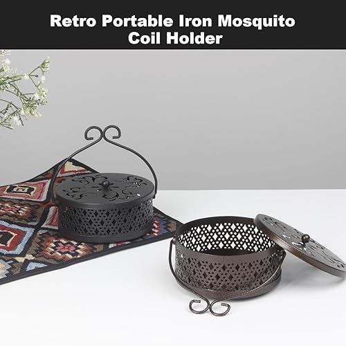Miniatura 4 de Soporte de bobina de mosquito, portátil, de metal, para colgar en forma de cono con tapa y asa, decoración redonda retro, quemador de incienso de