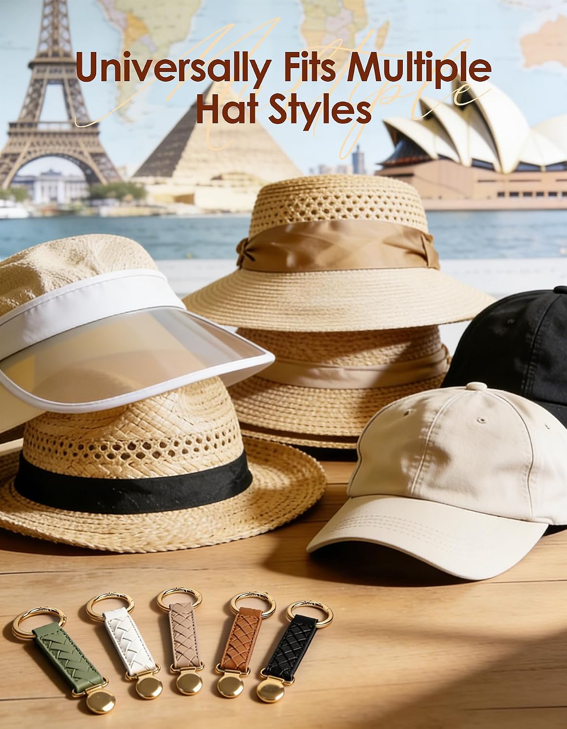 Niveaya Hat Clip for Travel 2Pcs, Sleek Woven Design with Durable Metal Clip, Secure Hat Holder for Straw Sun Hats & Baseball Cap on Bag Purse Backpack Luggage, Chic Beach Cruise Travel Essentials