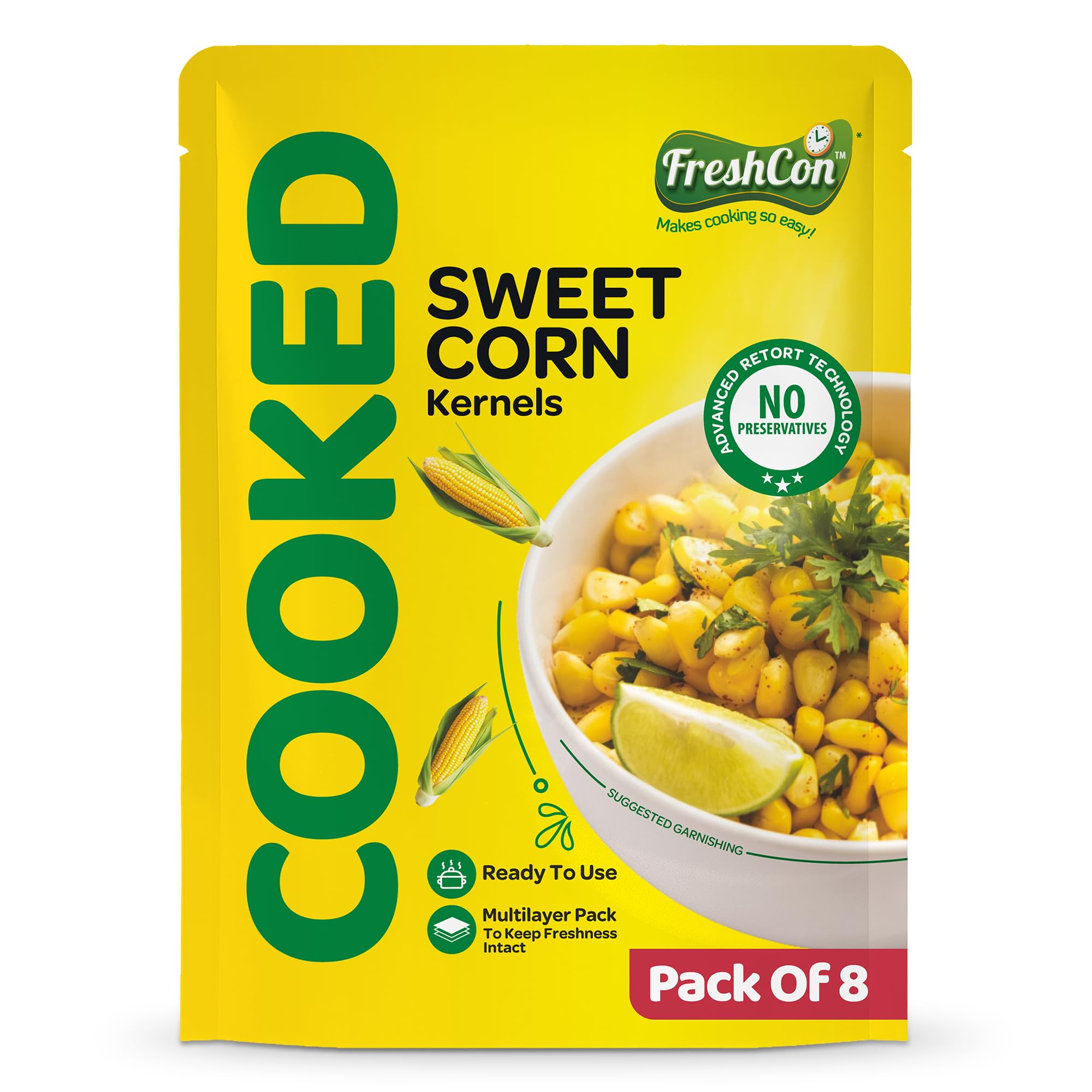 FRESHCON Cooked Sweetcorn Kernels | Boiled Ready to Eat Corn | Ideal for Soups, Salads, Chaat | Nutritious & Healthy Food | Americal Sweet Corn Kernals 2.24kg | 280gm each | Pack of 8