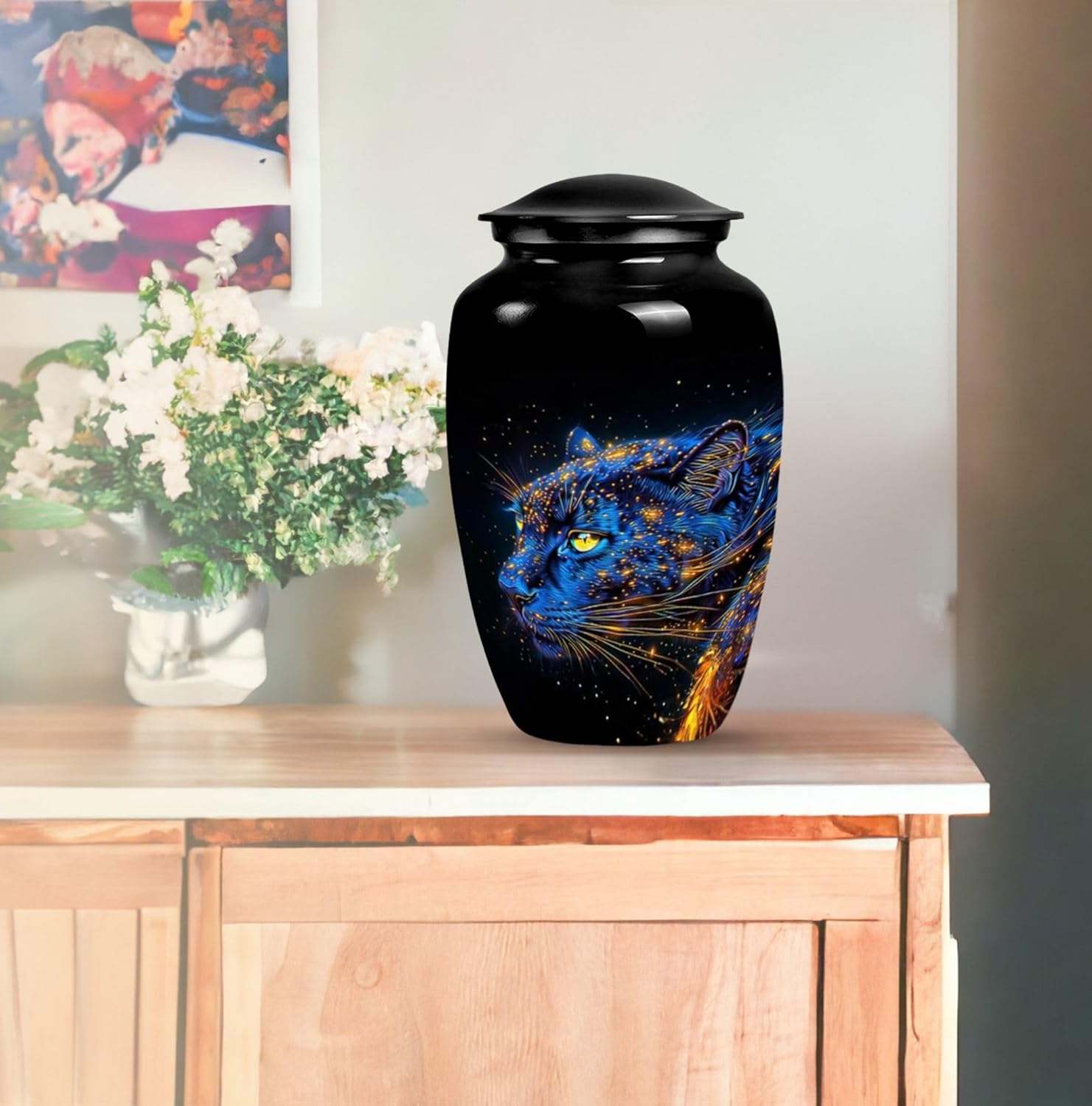 Panther Large Memorial Urns for Human Ashes Adult Man - Black Urns for Adult Male - Funeral Urn for Male & Female - Blue Cremation Urn for Ashes for Women - 10 Inch