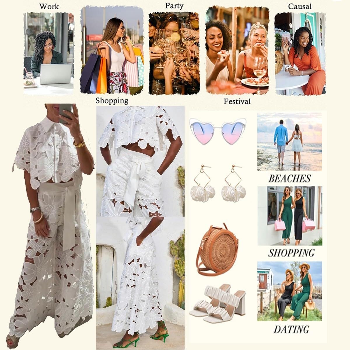 Elegance - Set con camicia corta in pizzo floreale e pantaloni a gamba larga con tasca con cintura, in pizzo cavo, da donna
