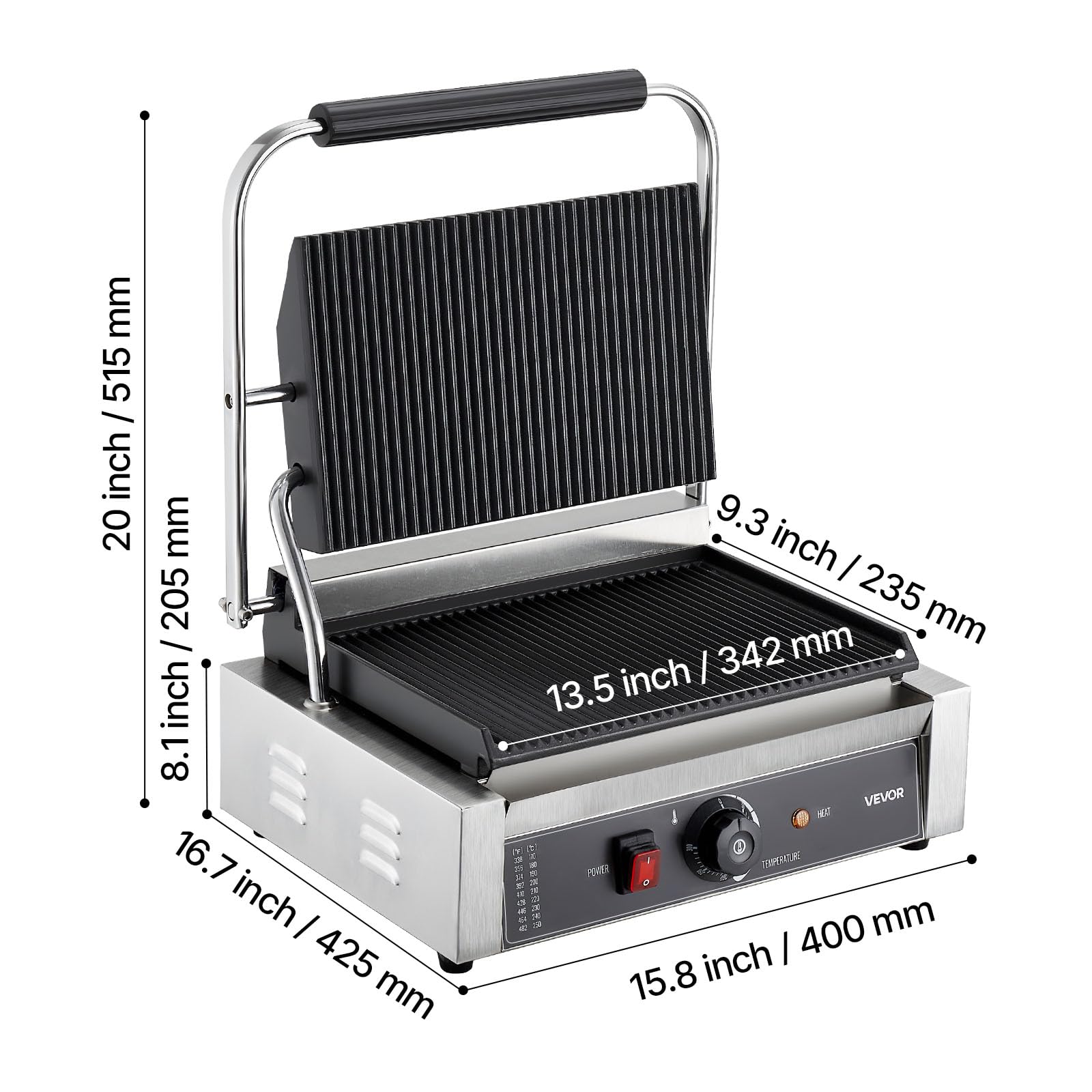 VEVOR Piastra Elettrica per Panini Professionale, 2200 W, in Acciaio Inox con Maniglia e Controllo della Temperatura, Piastra Smaltata Scanalata Completa da 34 x 23 cm, per Bistecche, Pancetta